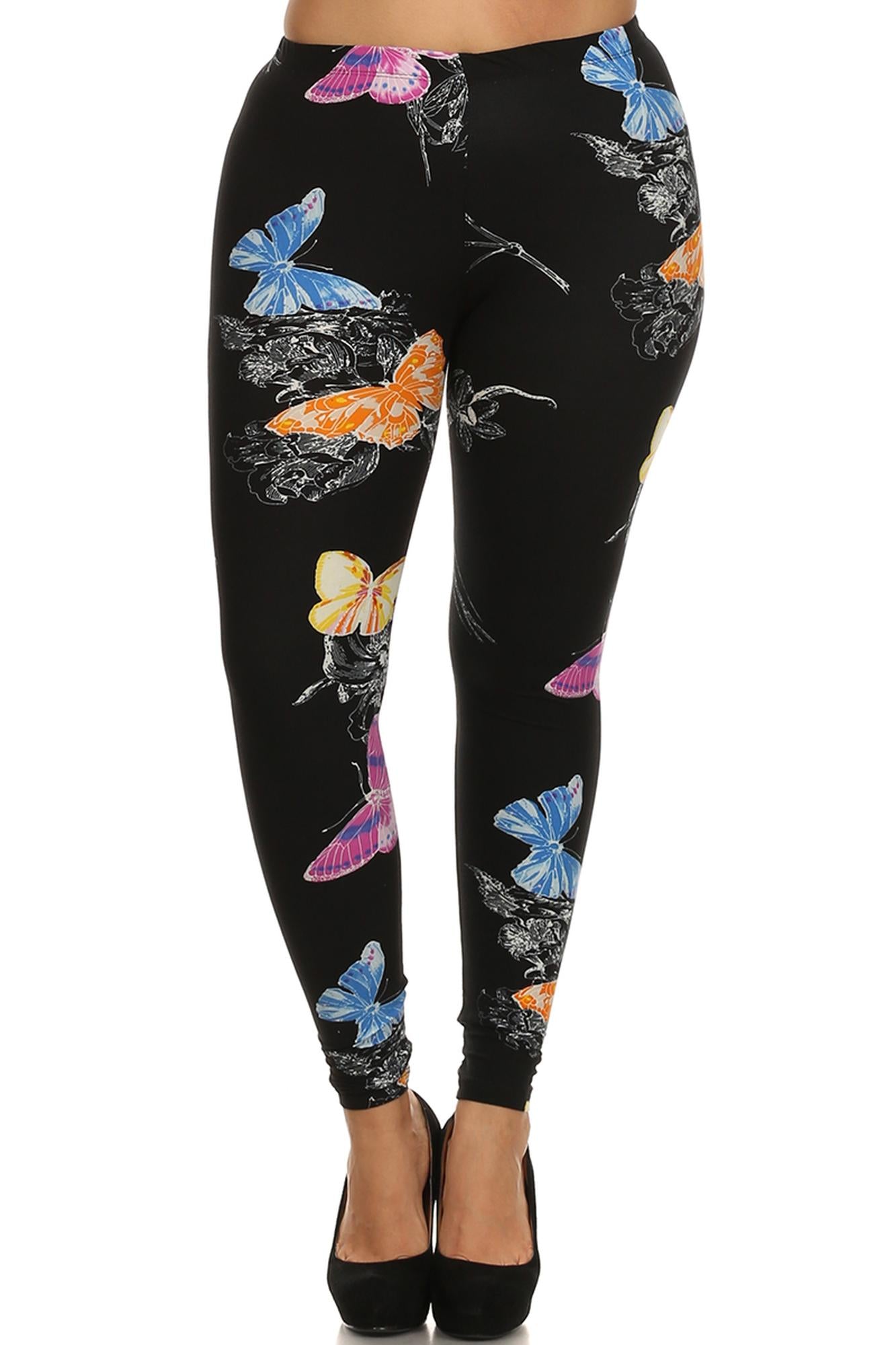 Buttery Soft Beautiful Butterfly Plus Size Leggings - 3X-5X (One Size Plus,Black)