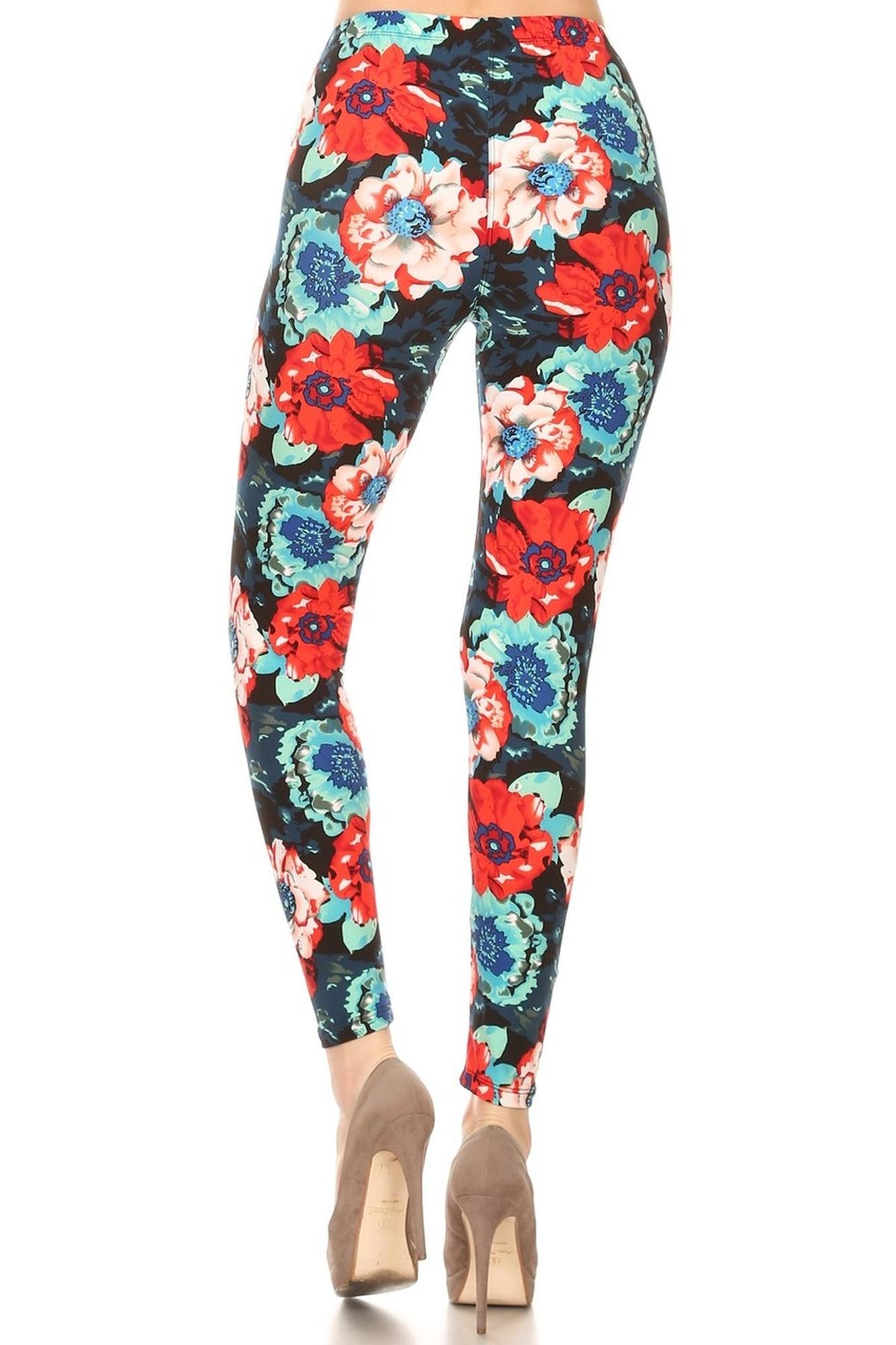 Buttery Soft Painted Floral Leggings (One Size Regular,Multi Color Bold)