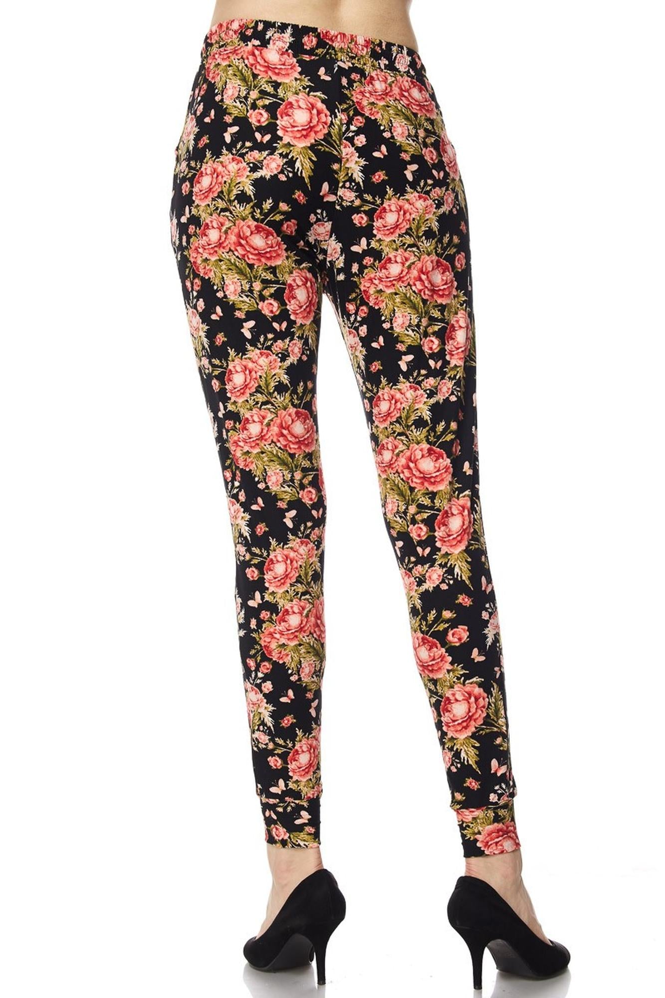 Buttery Soft Summer Floral Joggers with Pockets (One Size Regular,Red)
