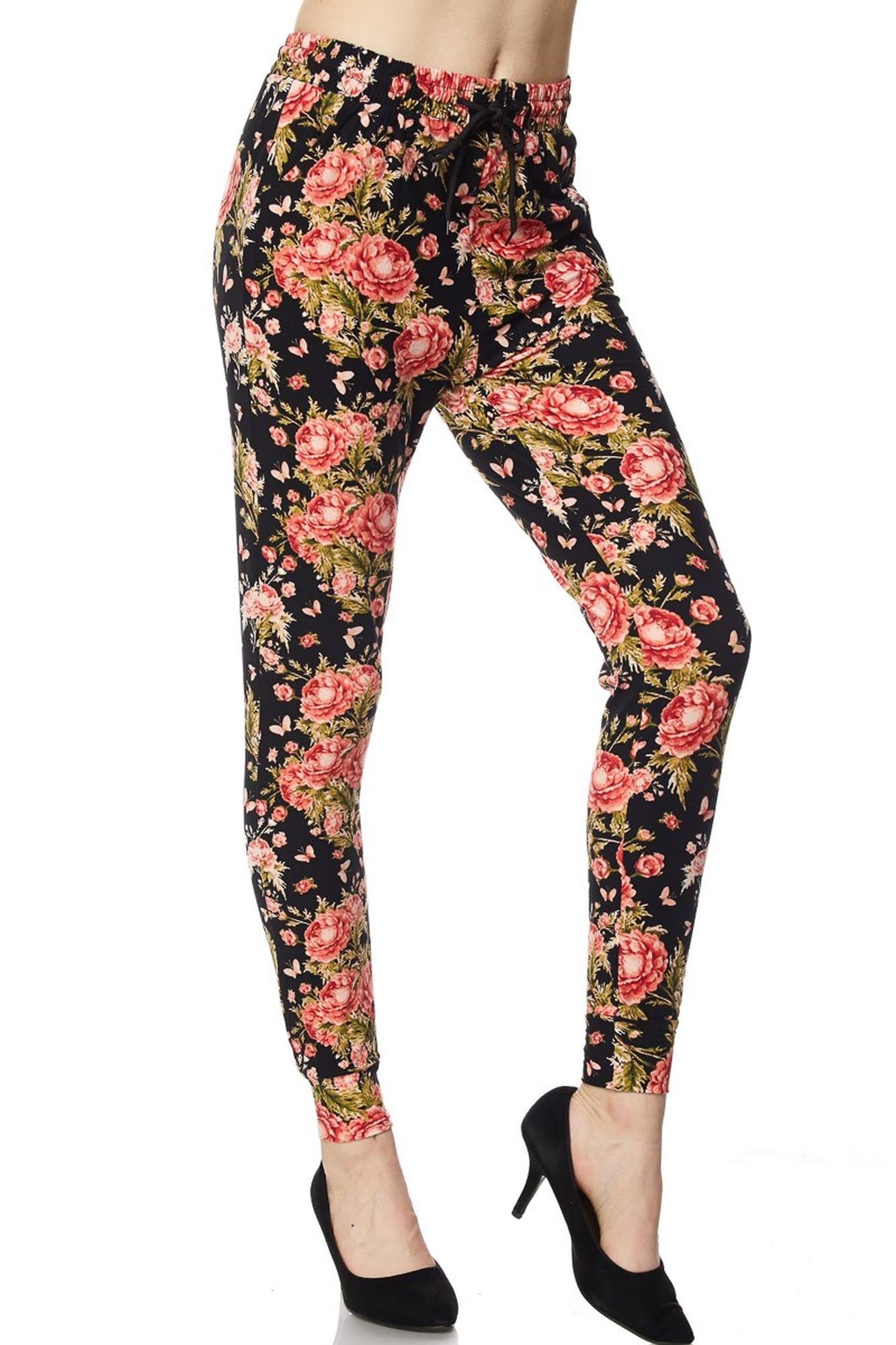 Buttery Soft Summer Floral Joggers with Pockets (One Size Regular,Red)