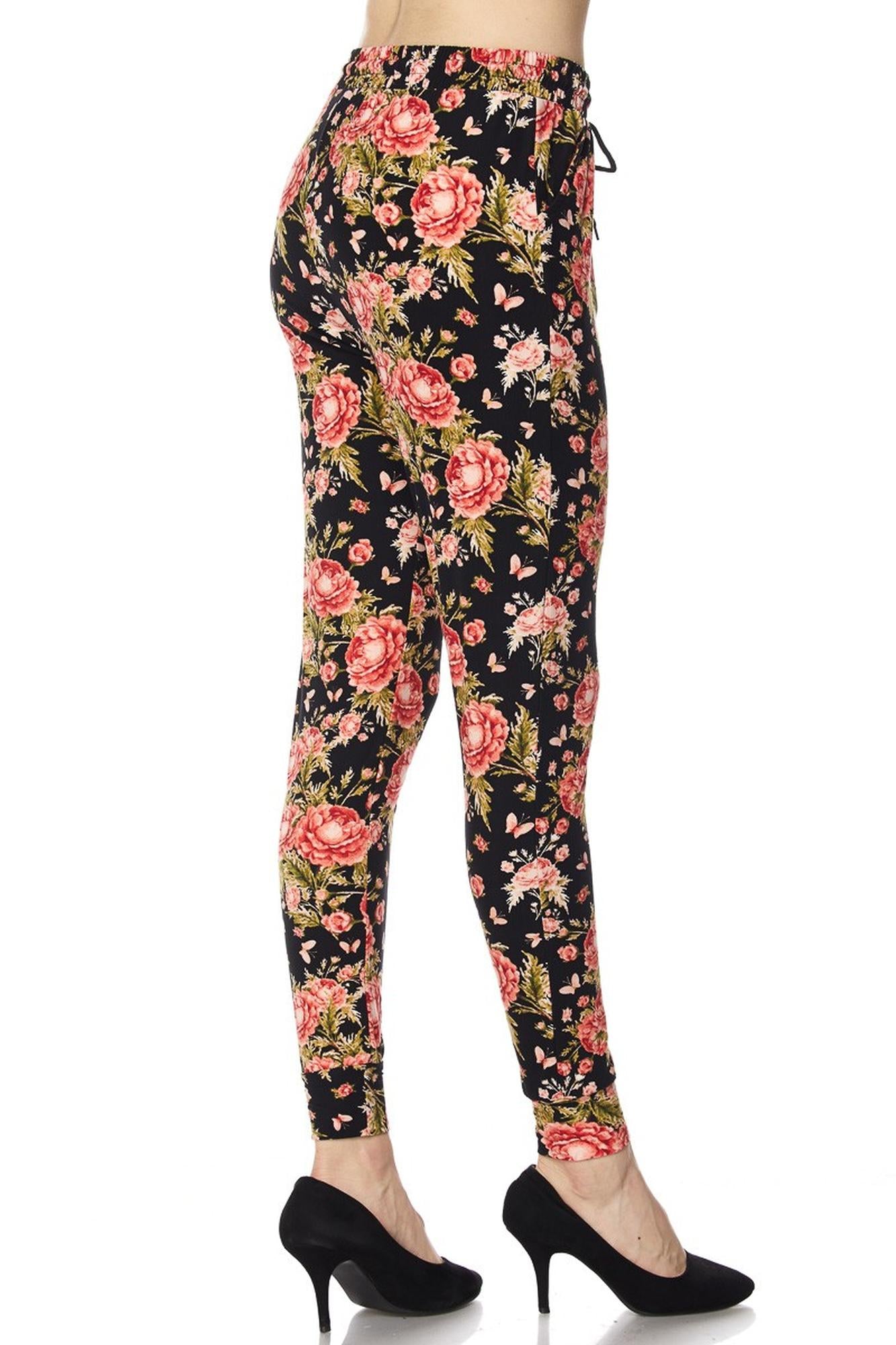 Buttery Soft Summer Floral Joggers with Pockets (One Size Regular,Red)