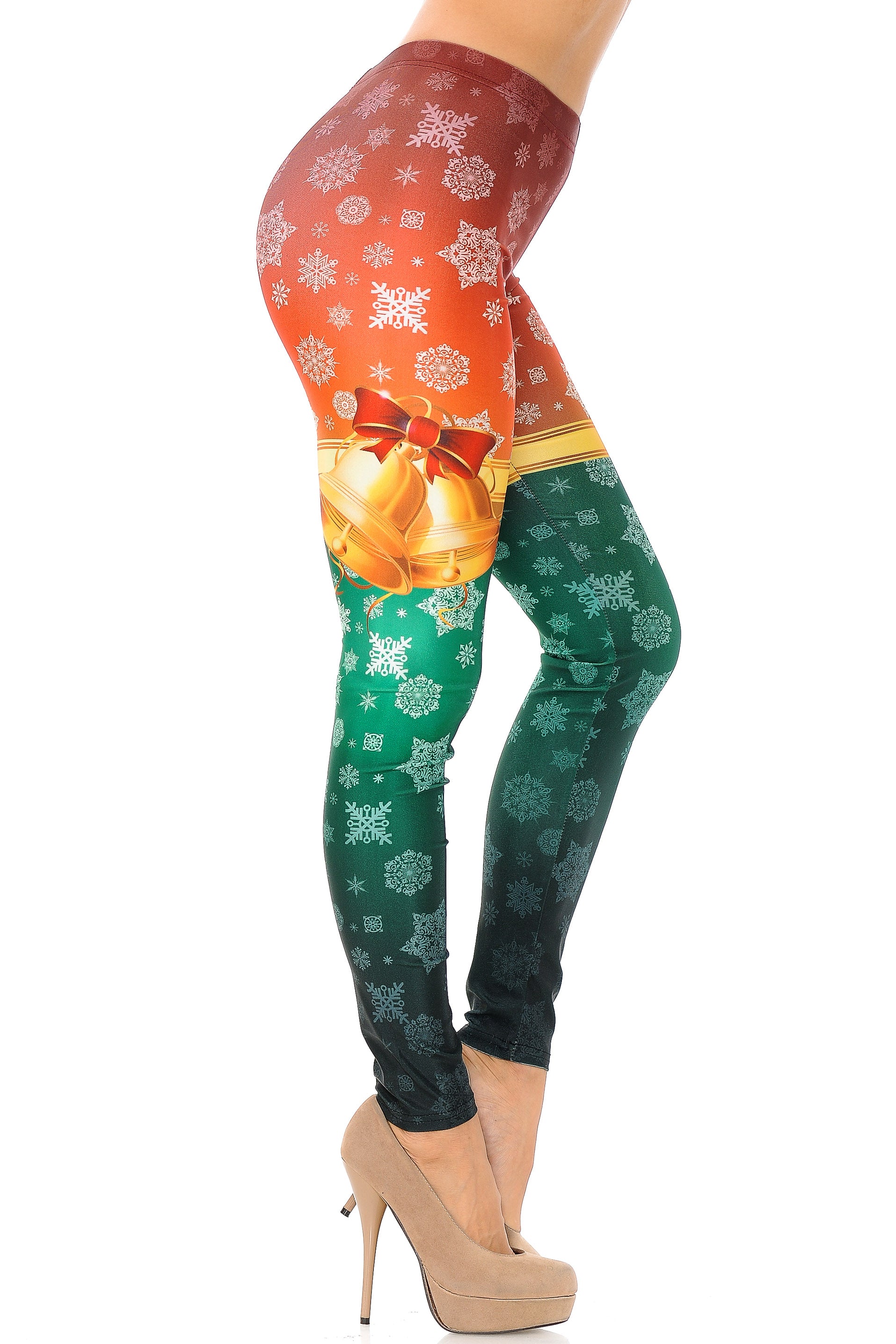 Festive Red and Green Split Christmas Bells Leggings - Plus Size