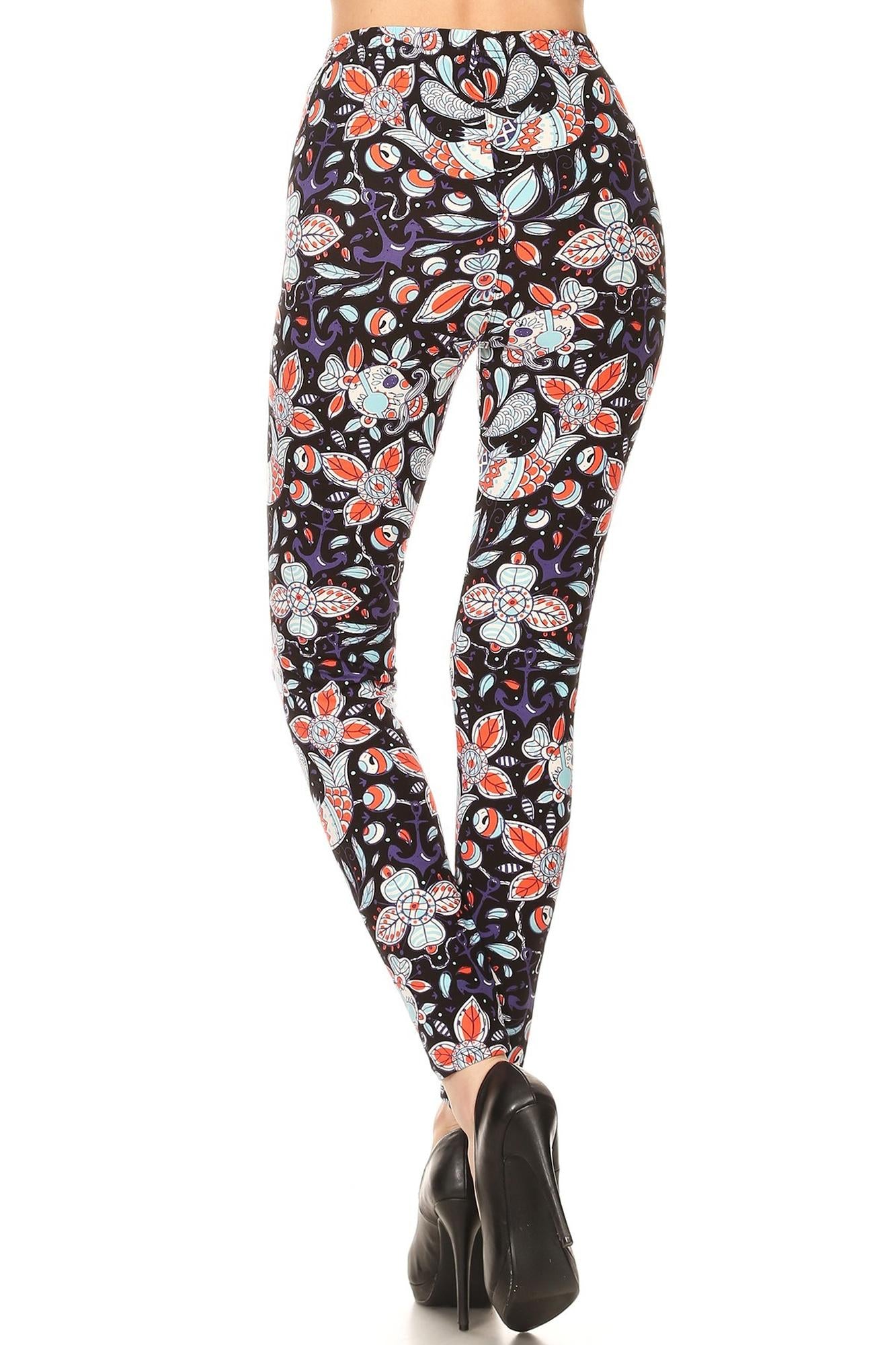 Buttery Soft Nautical Floral Skull Plus Size Leggings (One Size Plus,Black)
