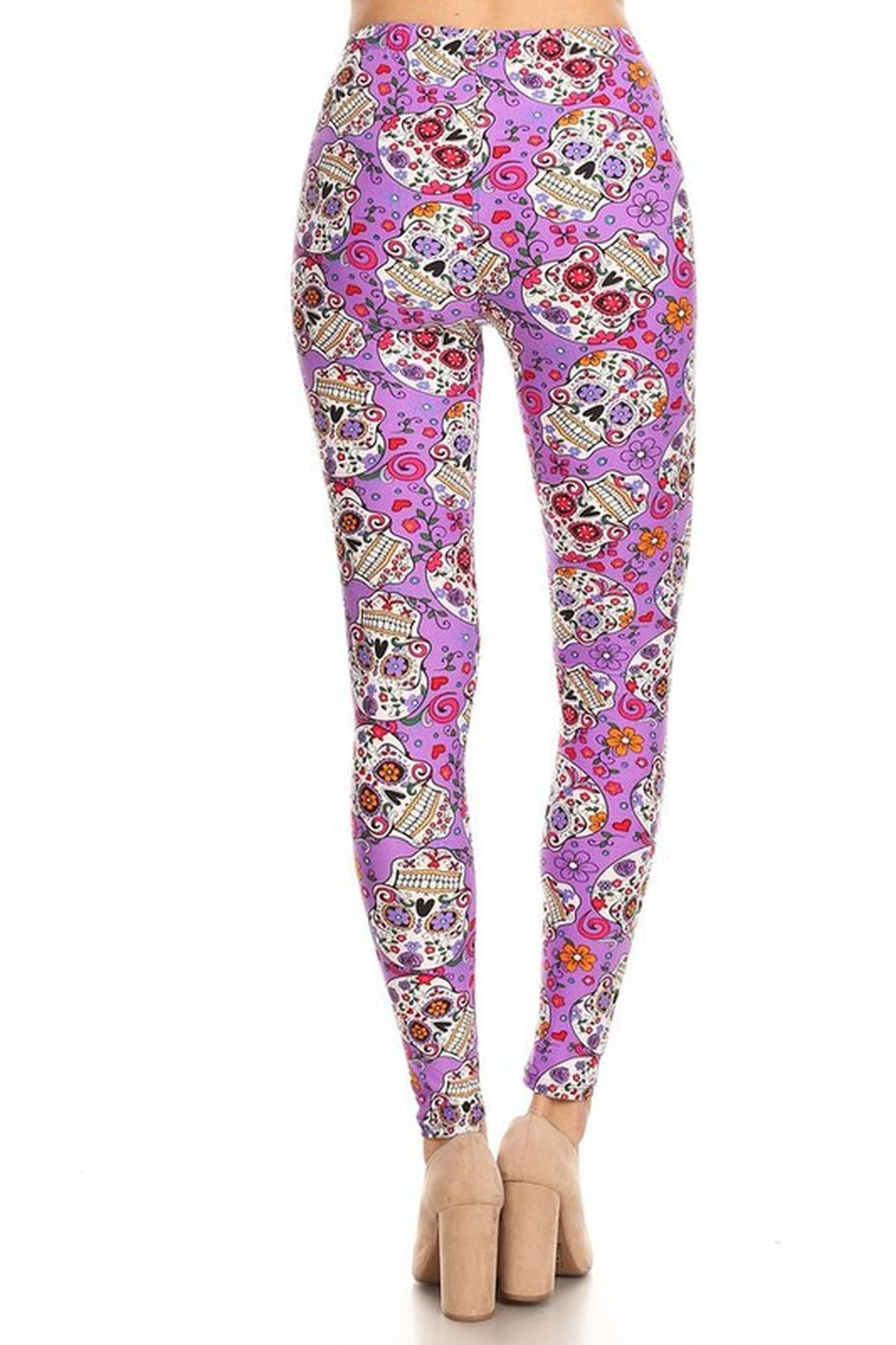 Buttery Soft Purple Sugar Skull Leggings (One Size Regular,Purple)