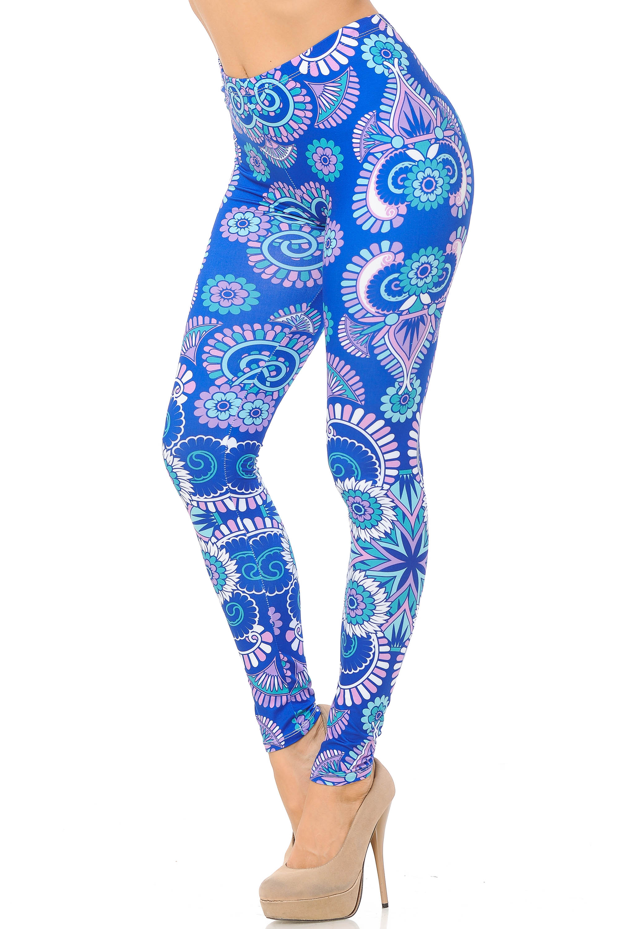 Creamy Soft Blue Mandala Burst Leggings (One Size Regular,Blue)