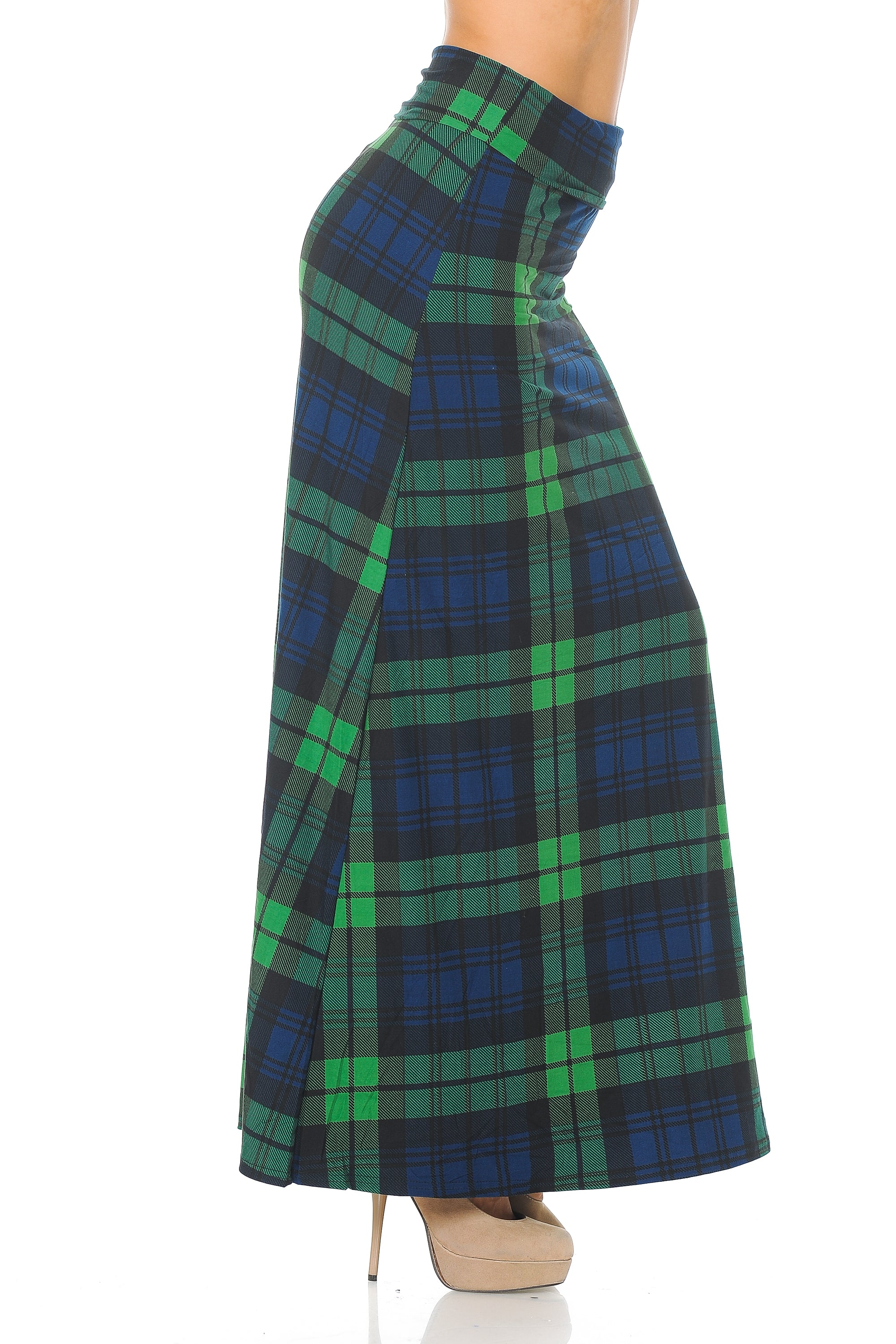 Buttery Soft Green Plaid Maxi Skirt (One Size Regular,Green)