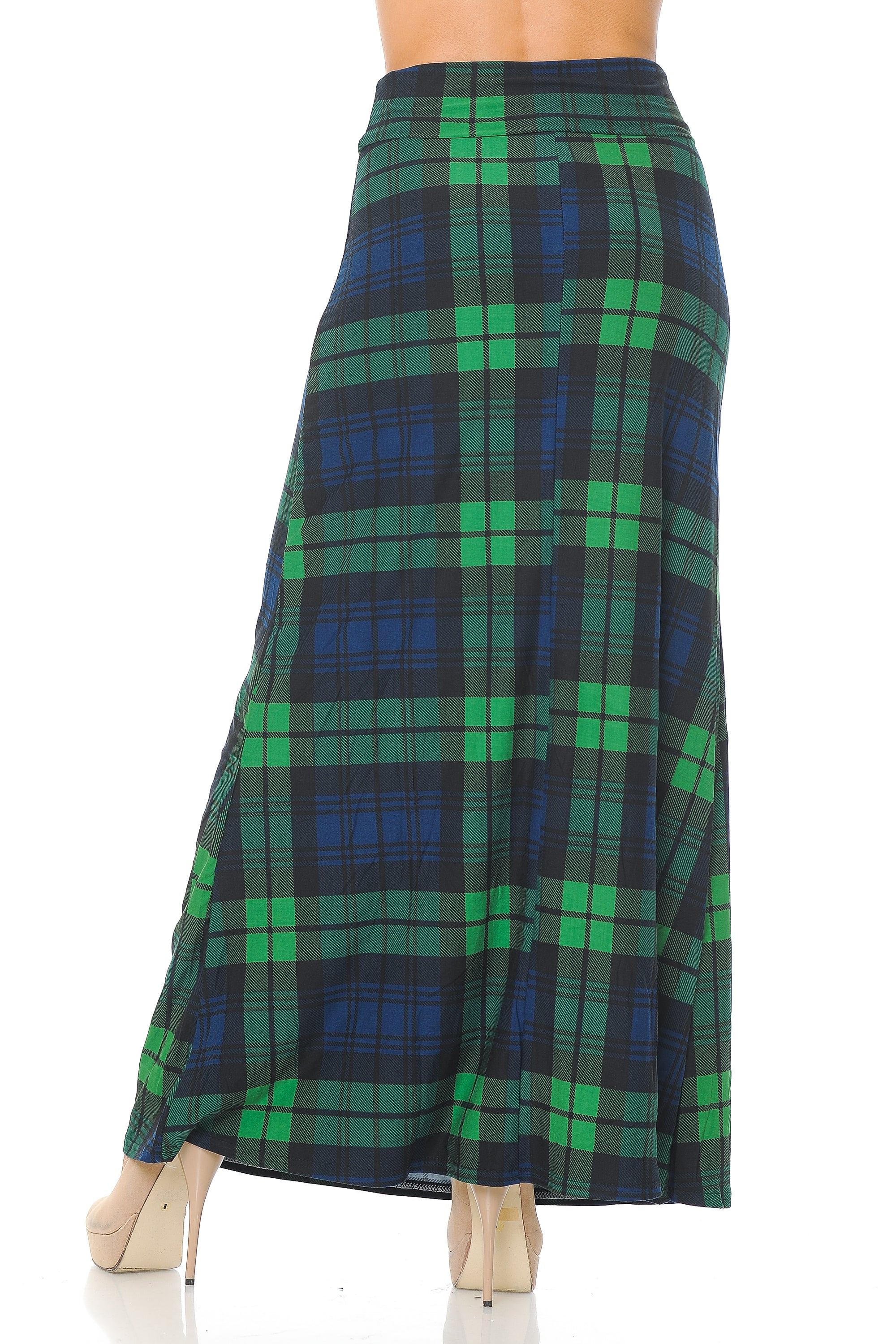 Buttery Soft Green Plaid Maxi Skirt (One Size Regular,Green)