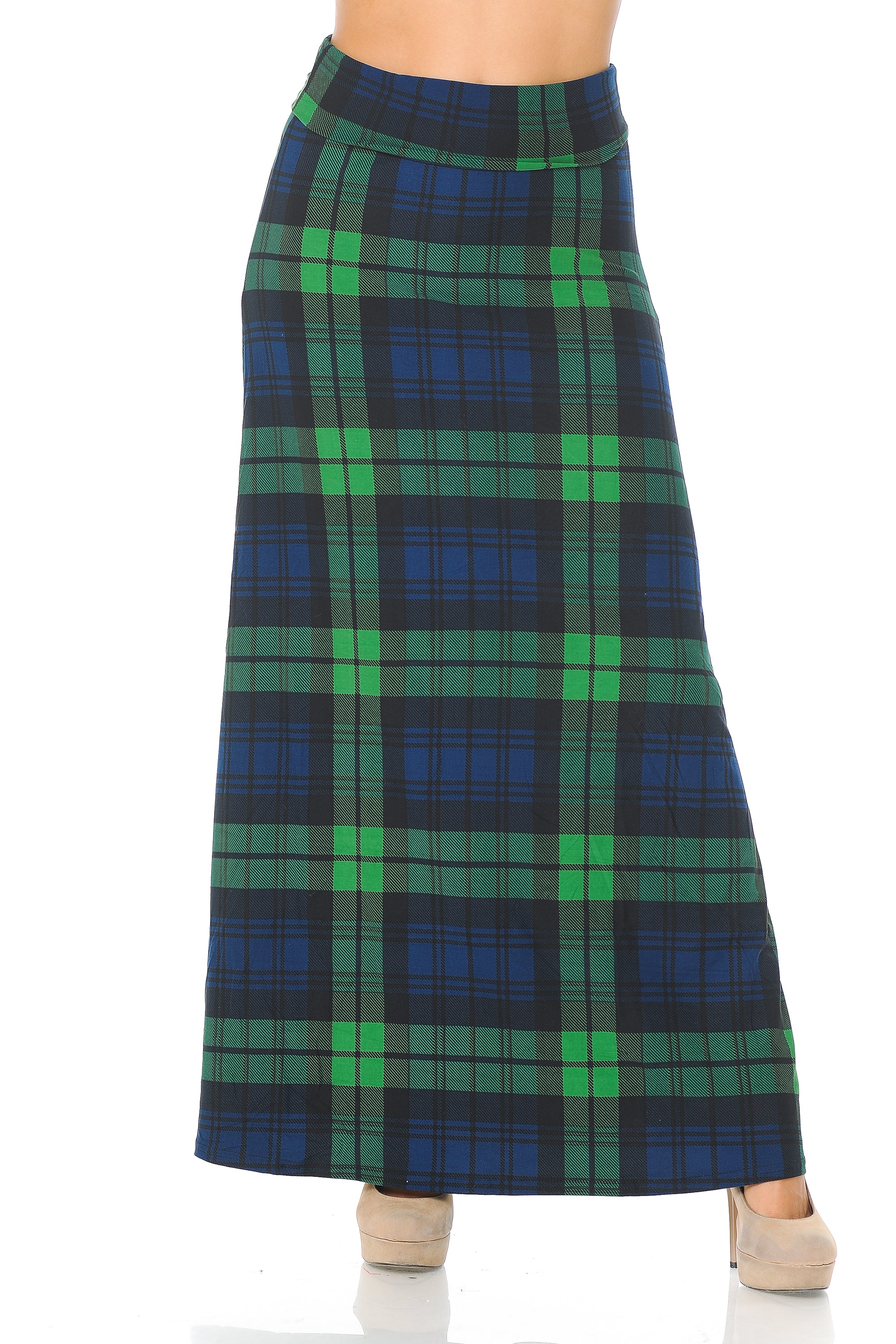 Buttery Soft Green Plaid Maxi Skirt (One Size Regular,Green)