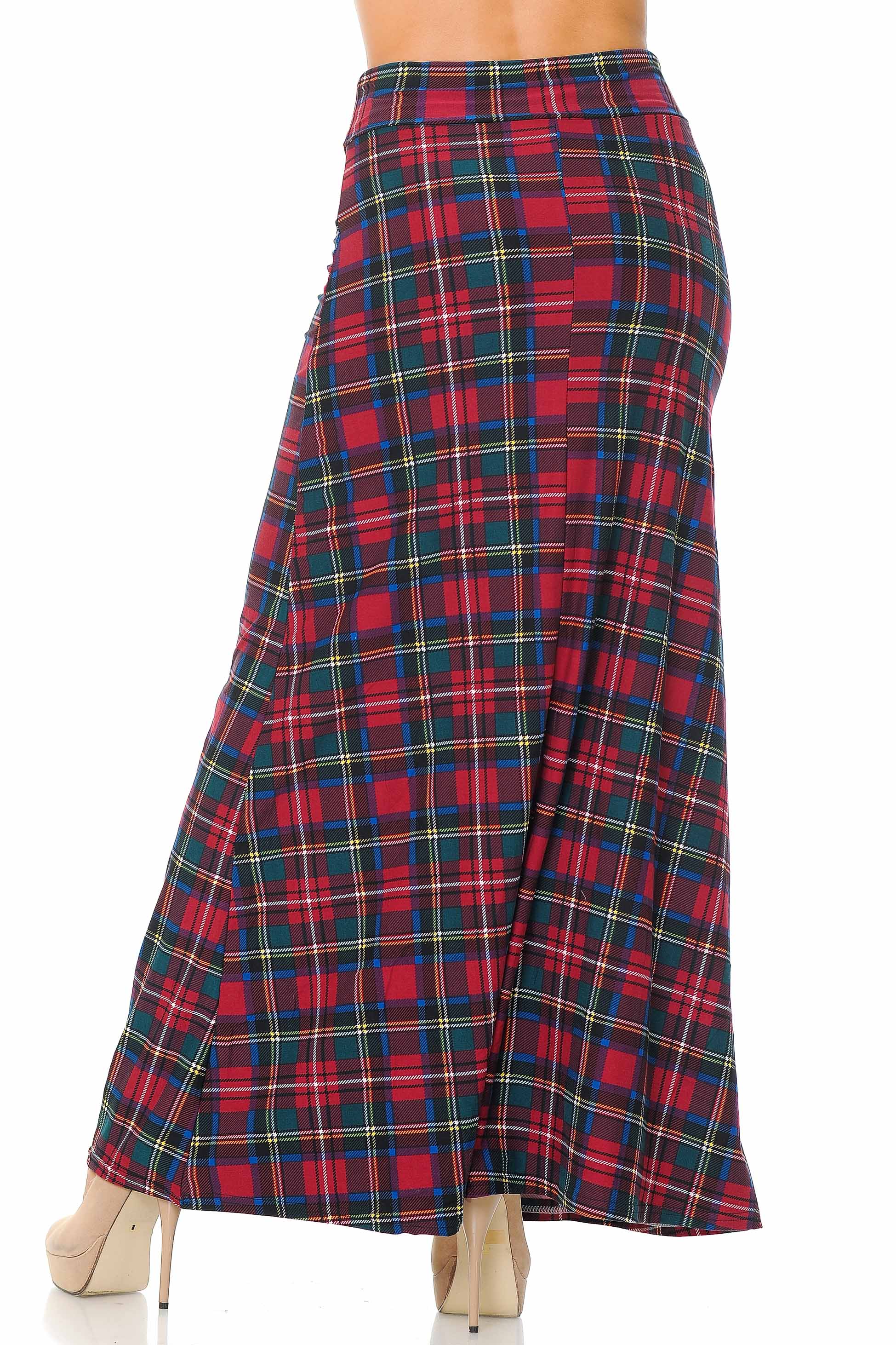 Buttery Soft Modish Plaid Maxi Skirt (One Size Regular,Burgundy)