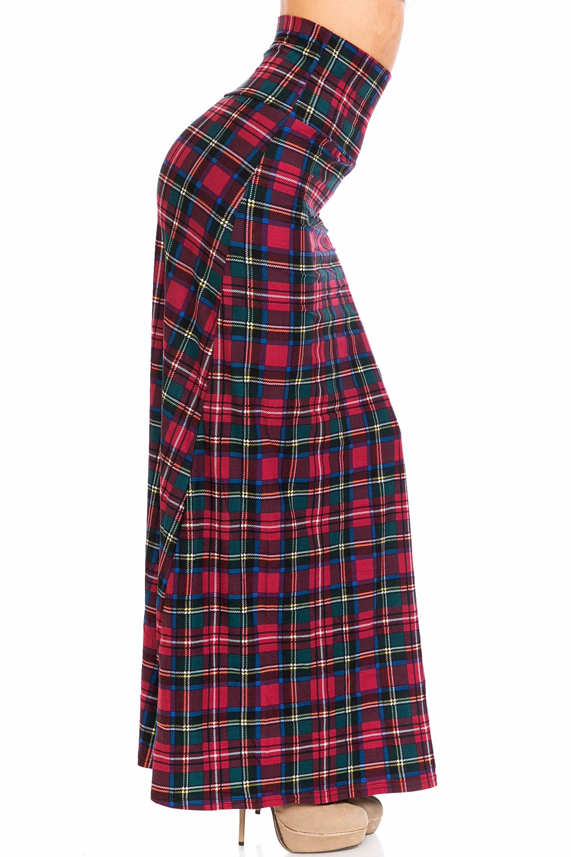 Buttery Soft Modish Plaid Maxi Skirt (One Size Regular,Burgundy)