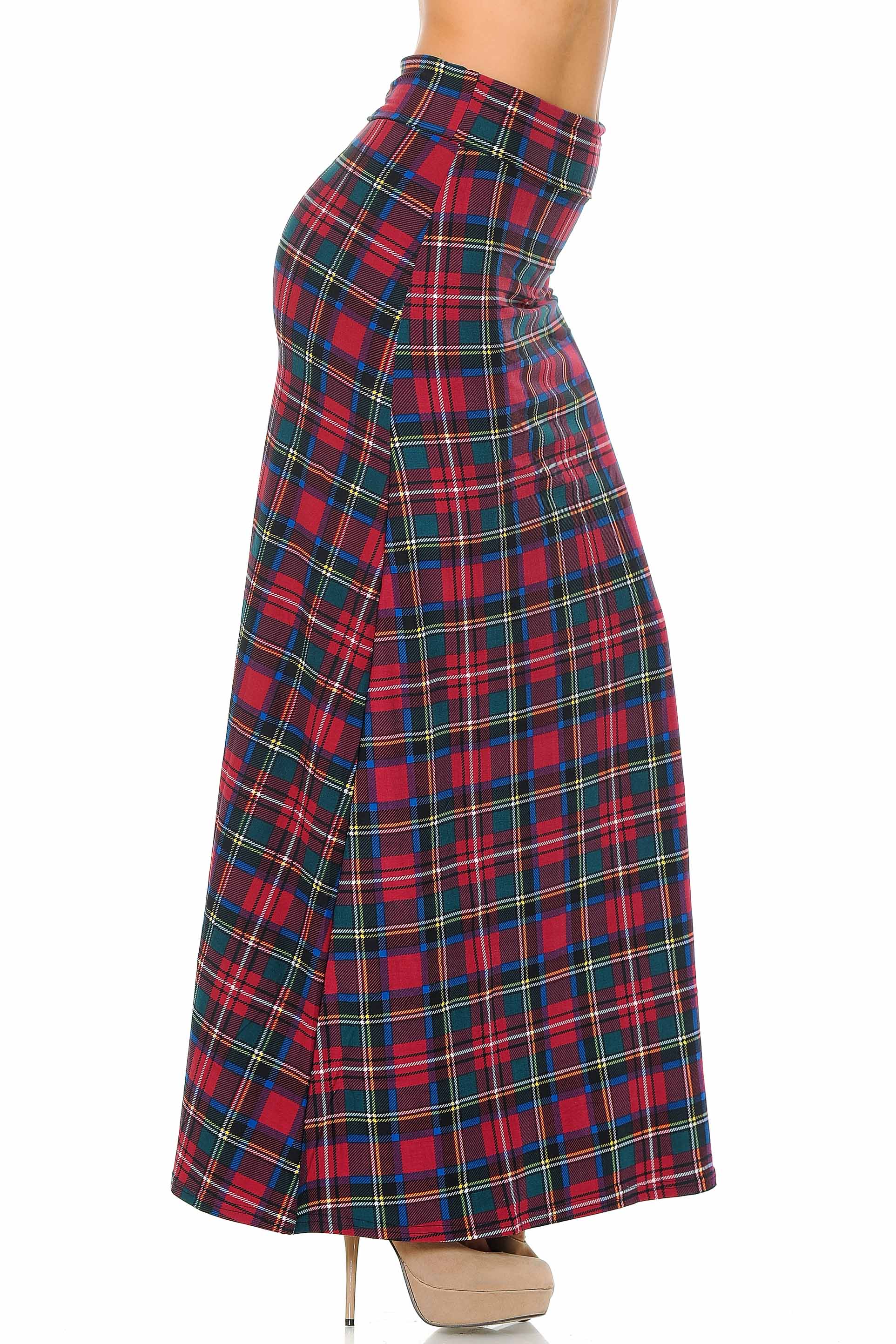 Buttery Soft Modish Plaid Maxi Skirt (One Size Regular,Burgundy)