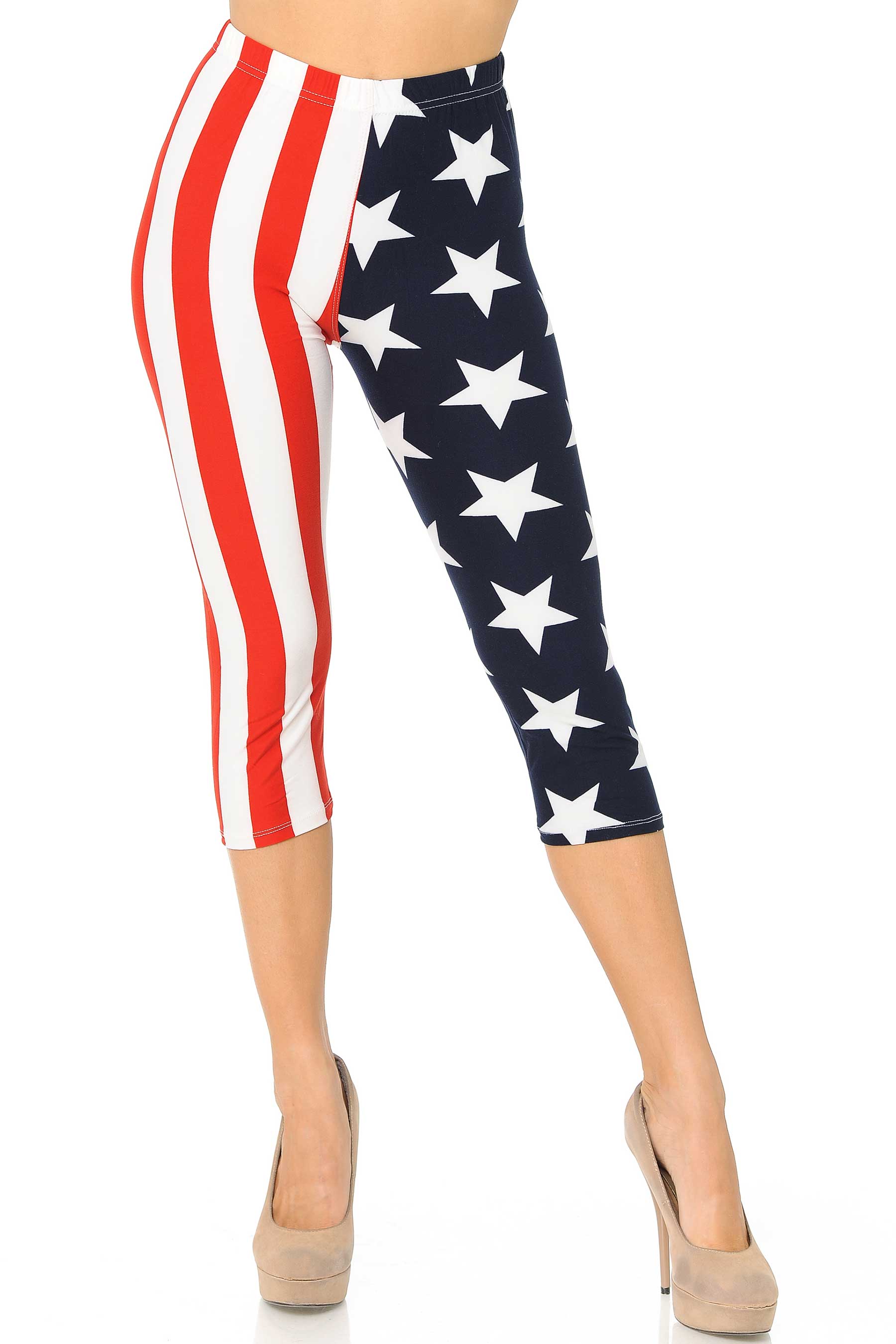 Buttery Soft Split USA Flag Capris (One Size Regular,Red)