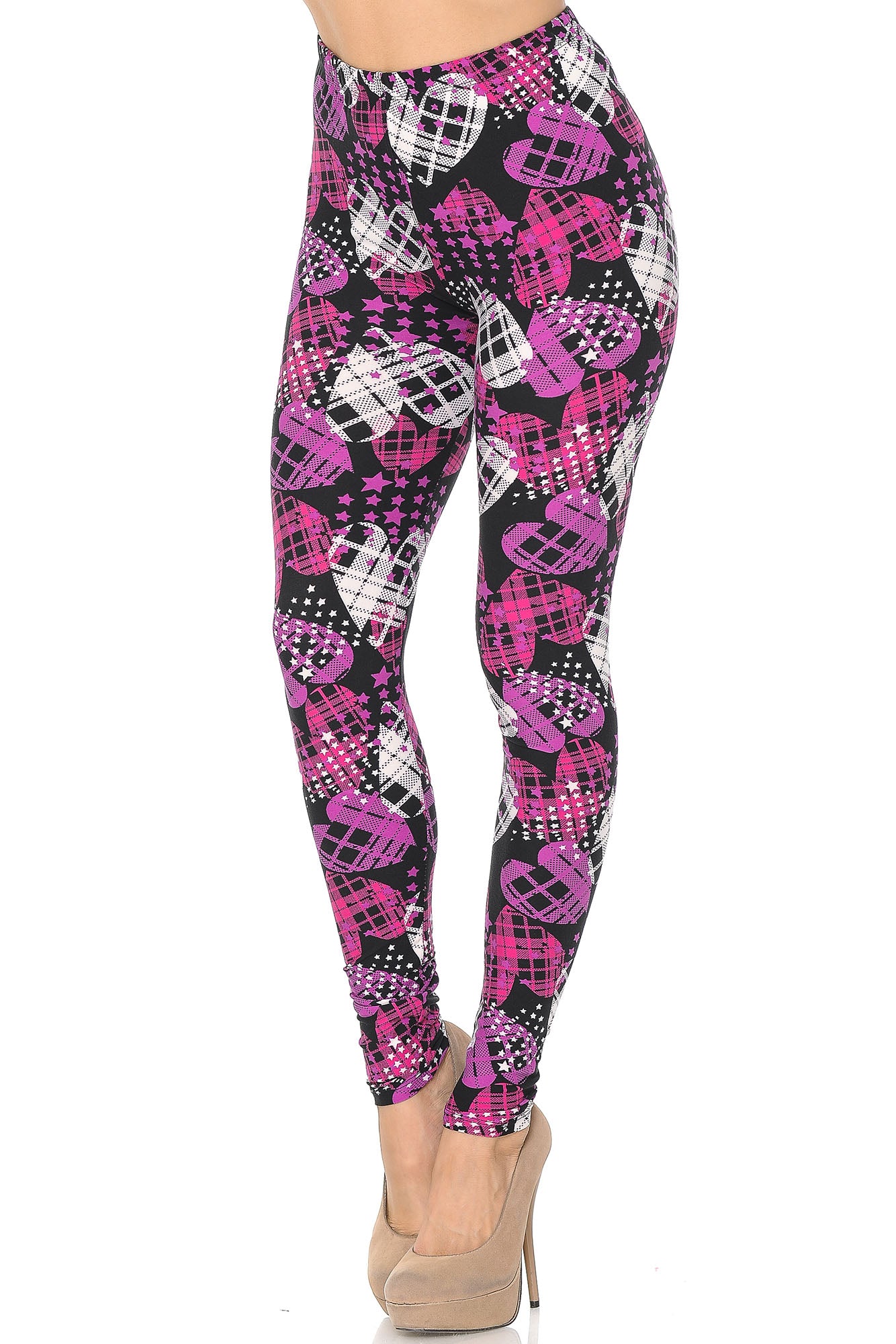 Buttery Smooth Stars and Plaid Hearts Leggings - Extra Small (One Size Regular,Fuchsia)