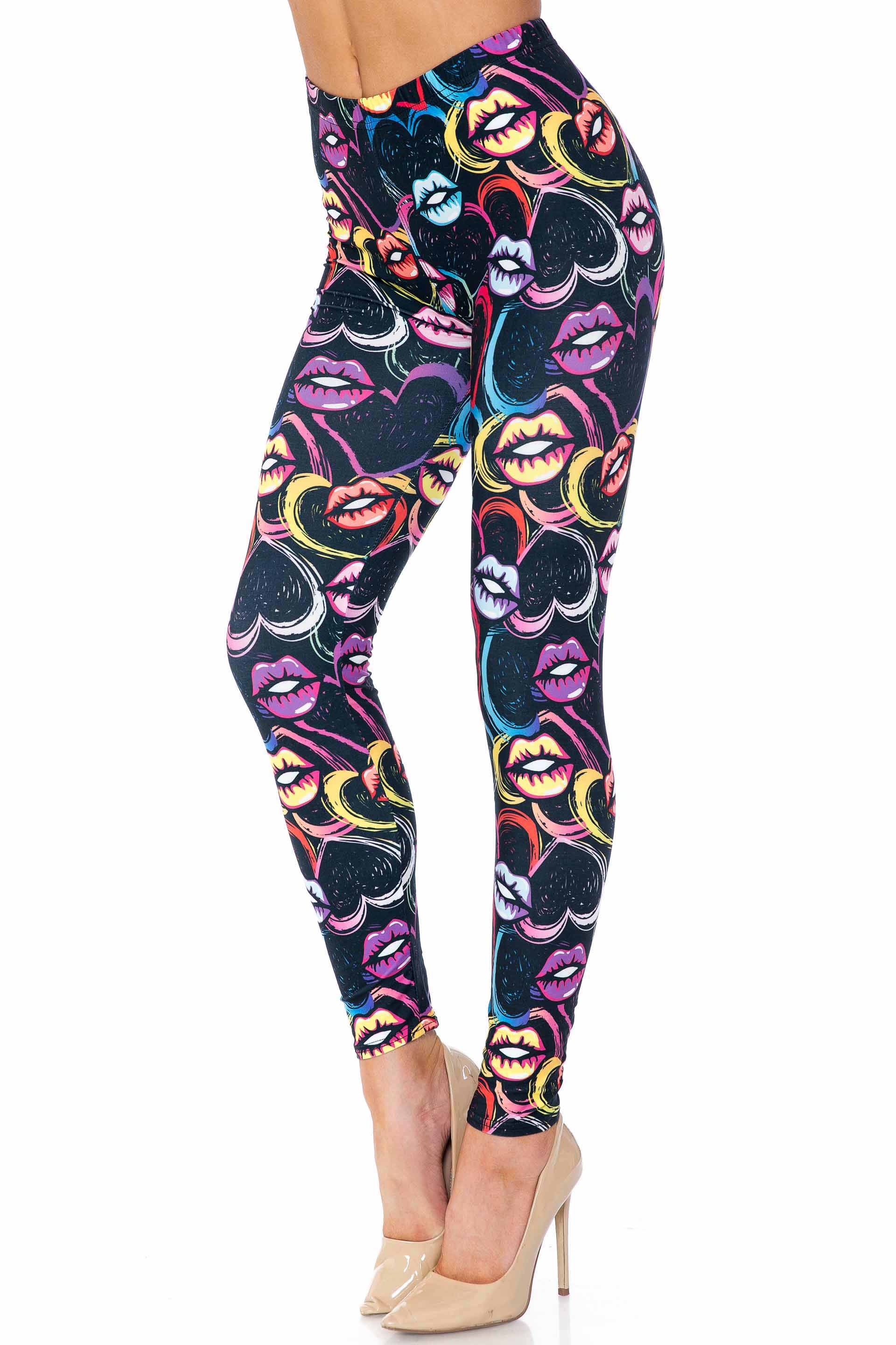 Creamy Soft Colorful Lips and Hearts Extra Plus Size Leggings - 3X-5X - USA Fashion (XPlus One Size,Black)