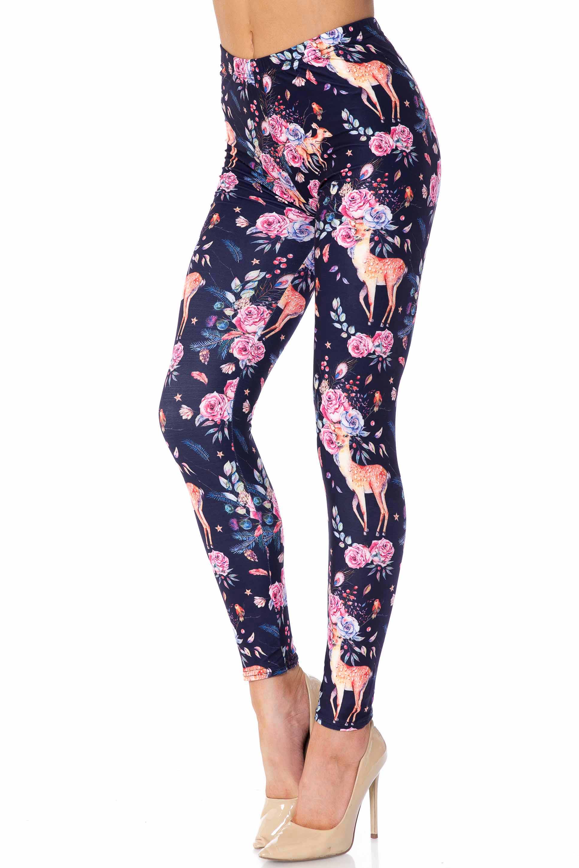 Creamy Soft Woodland Floral Fawn Extra Plus Size Leggings - 3X-5X - USA Fashion (XPlus One Size,Black)