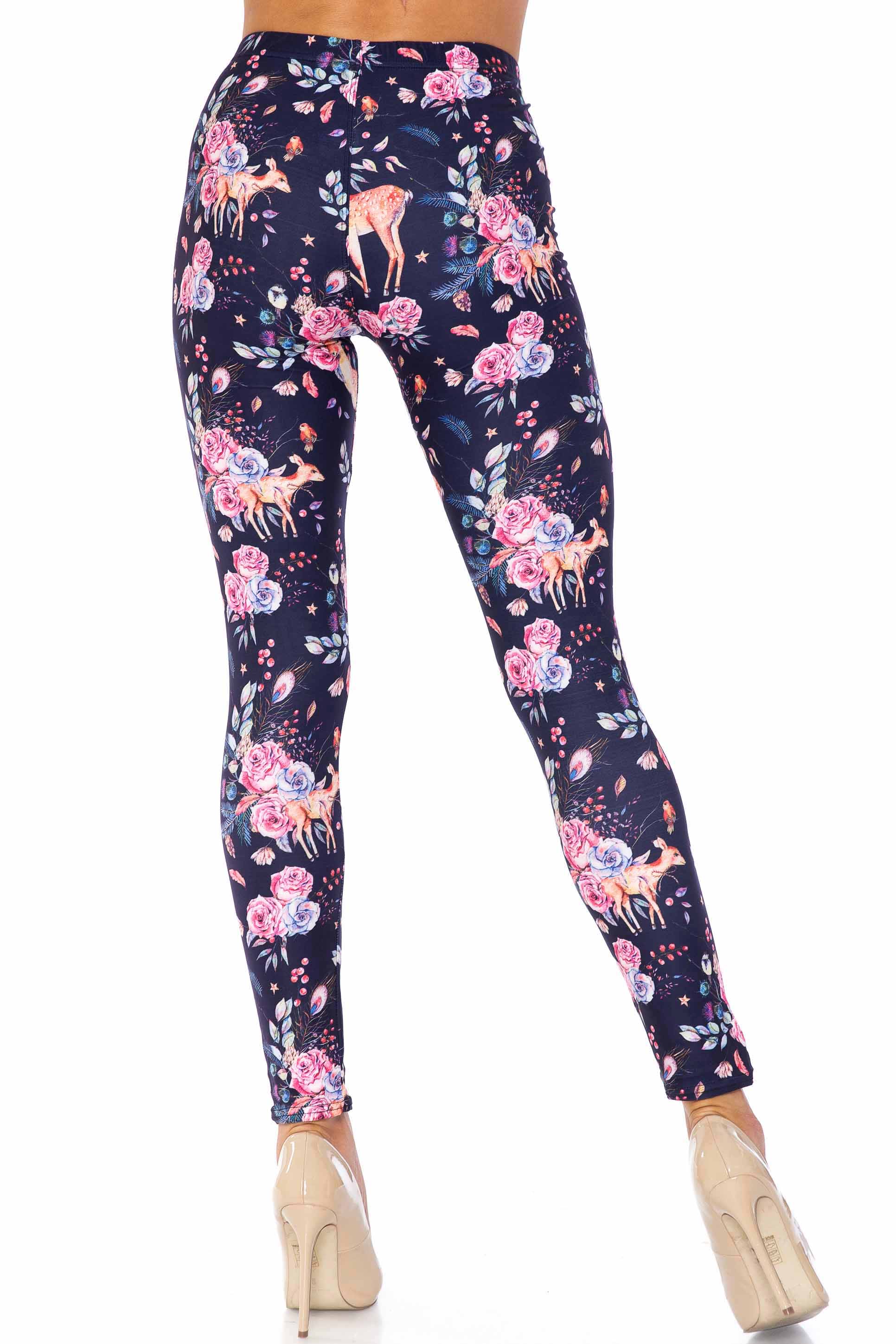 Creamy Soft Woodland Floral Fawn Extra Plus Size Leggings - 3X-5X - USA Fashion (XPlus One Size,Black)