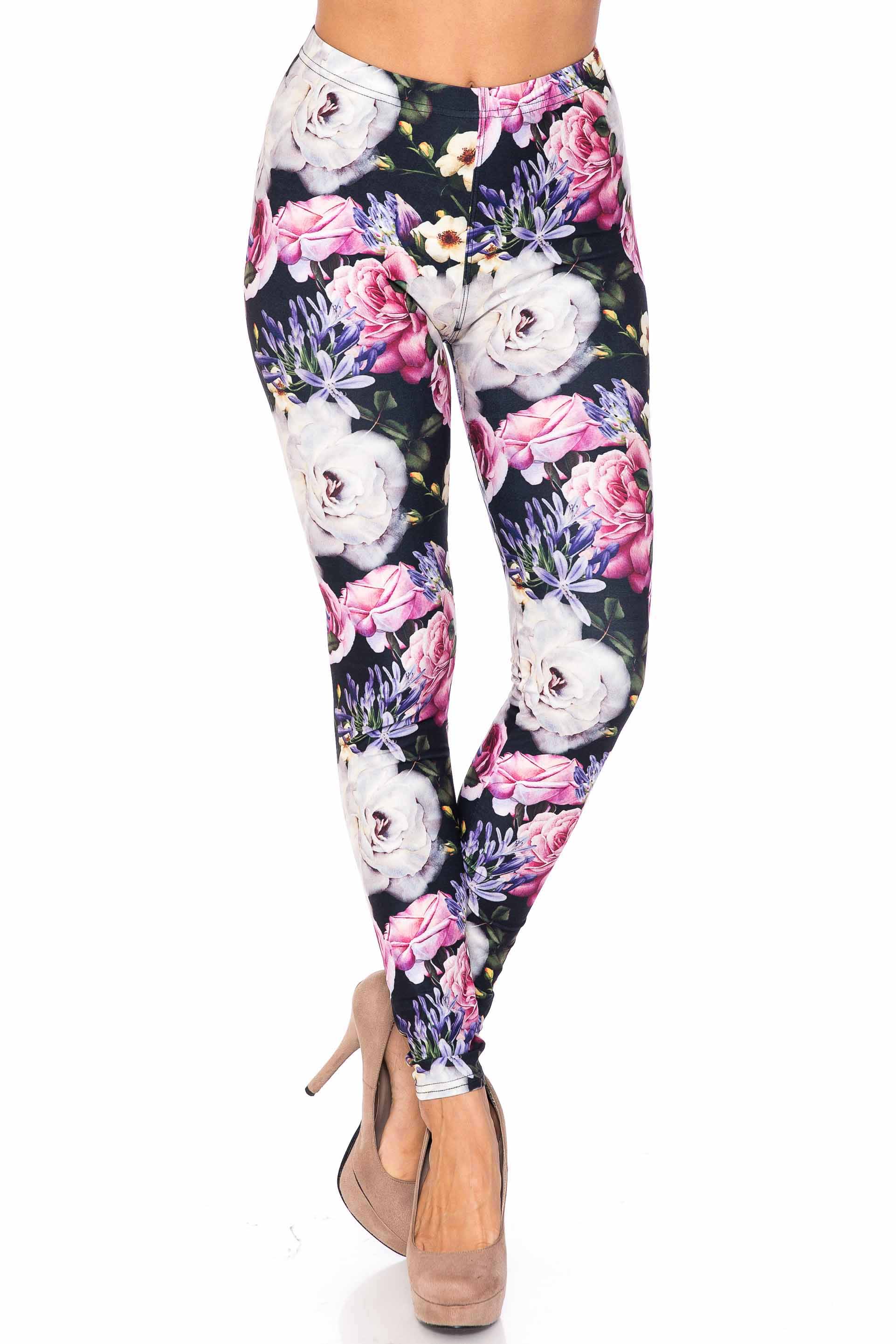 Creamy Soft Floral Garden Bouquet Extra Plus Size Leggings - 3X-5X - USA Fashion (XPlus One Size,White)