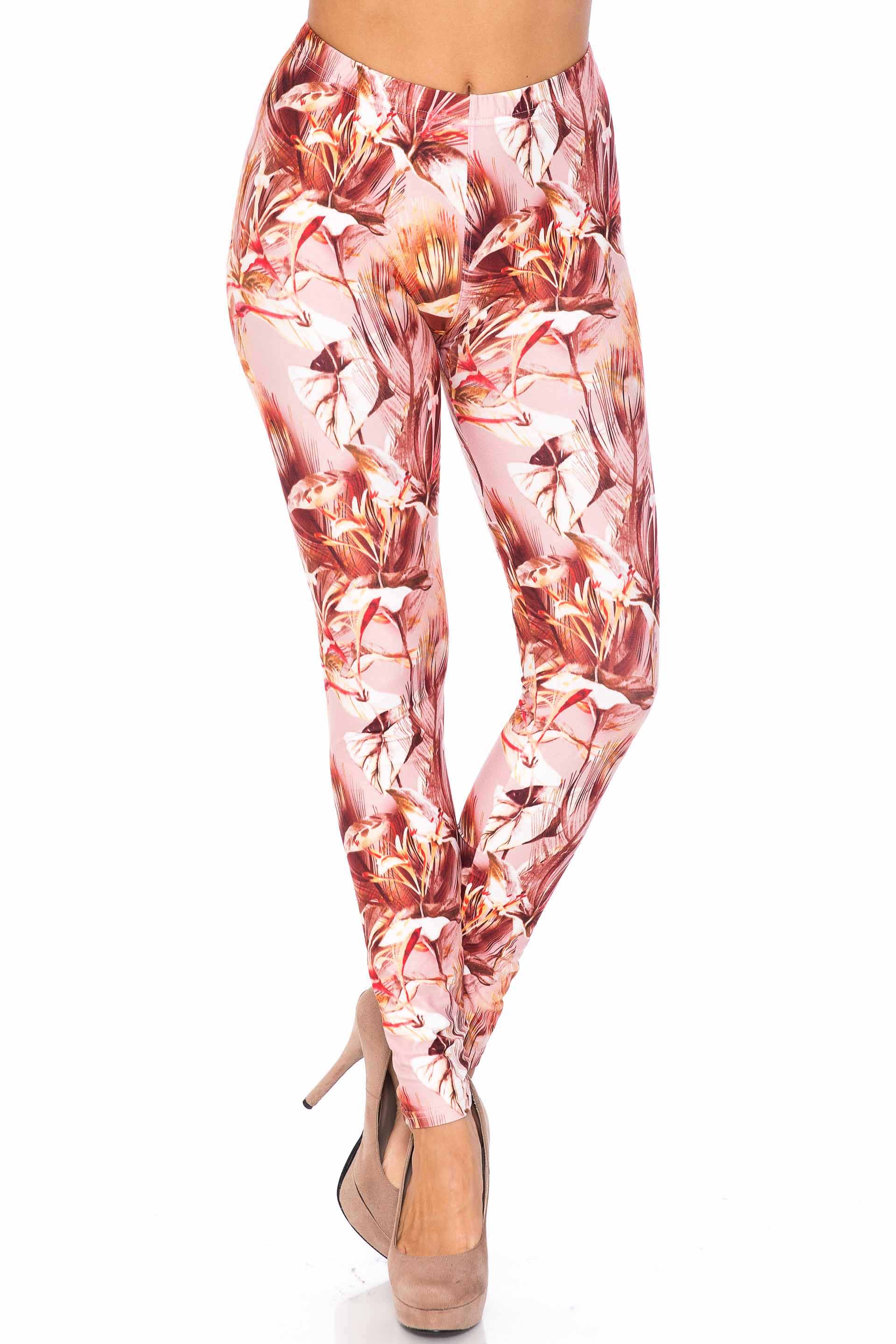 Creamy Soft Mocha Floral Extra Plus Size Leggings - 3X-5X - USA Fashion (XPlus One Size,Brown)