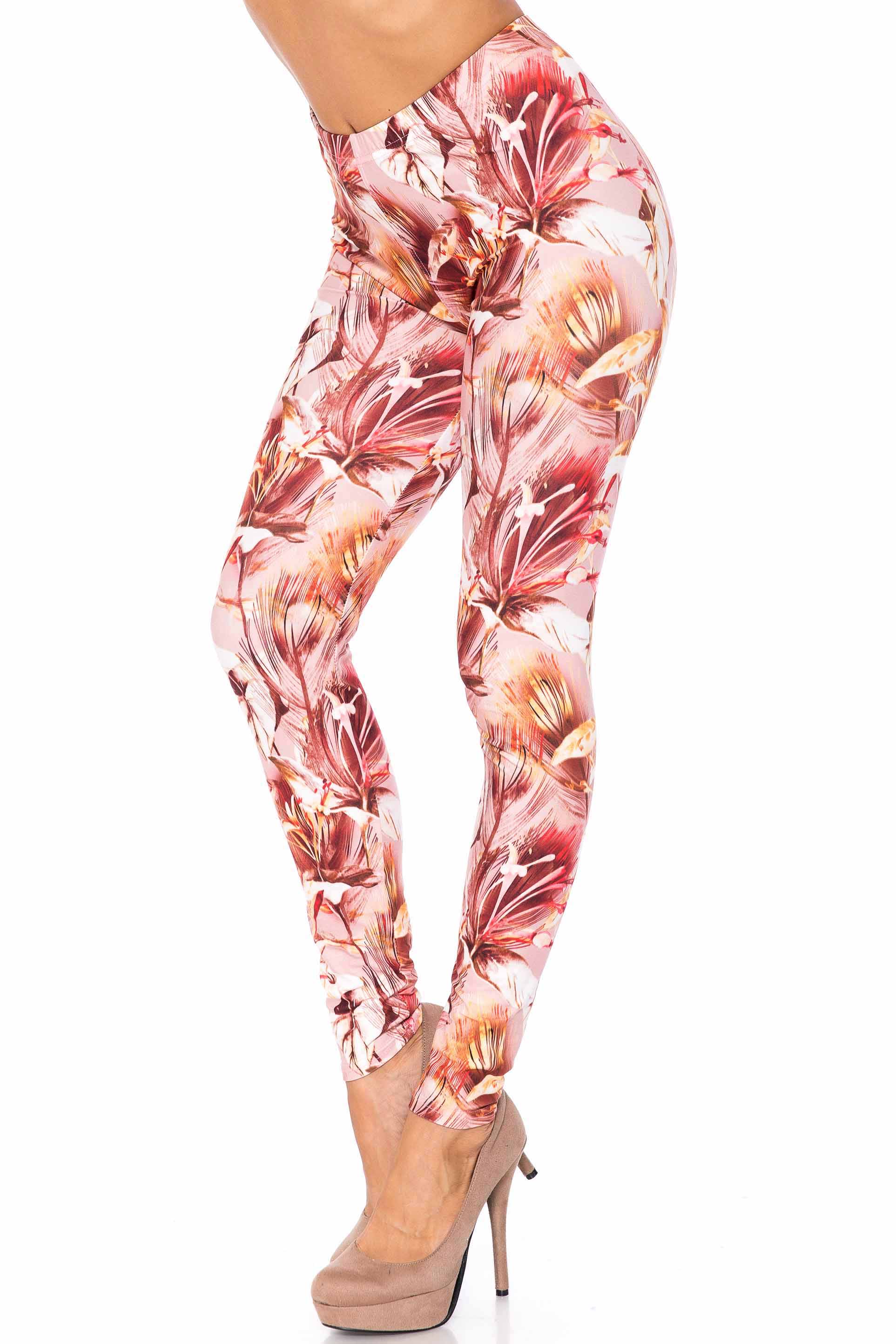 Creamy Soft Mocha Floral Extra Plus Size Leggings - 3X-5X - USA Fashion (XPlus One Size,Brown)