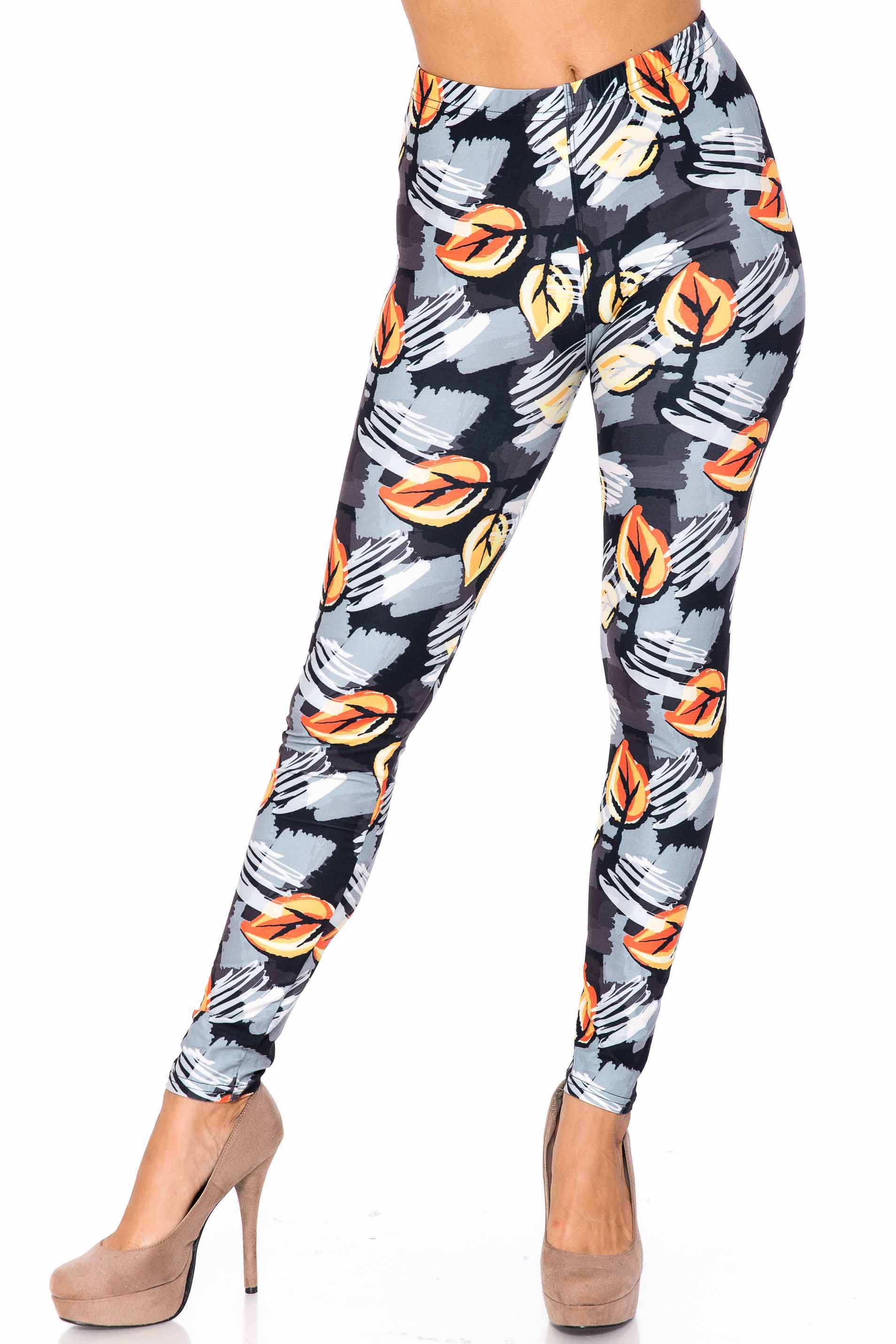 Creamy Soft Orange Leaf Breeze Extra Plus Size Leggings - 3X-5X - USA Fashion (XPlus One Size,Charcoal)
