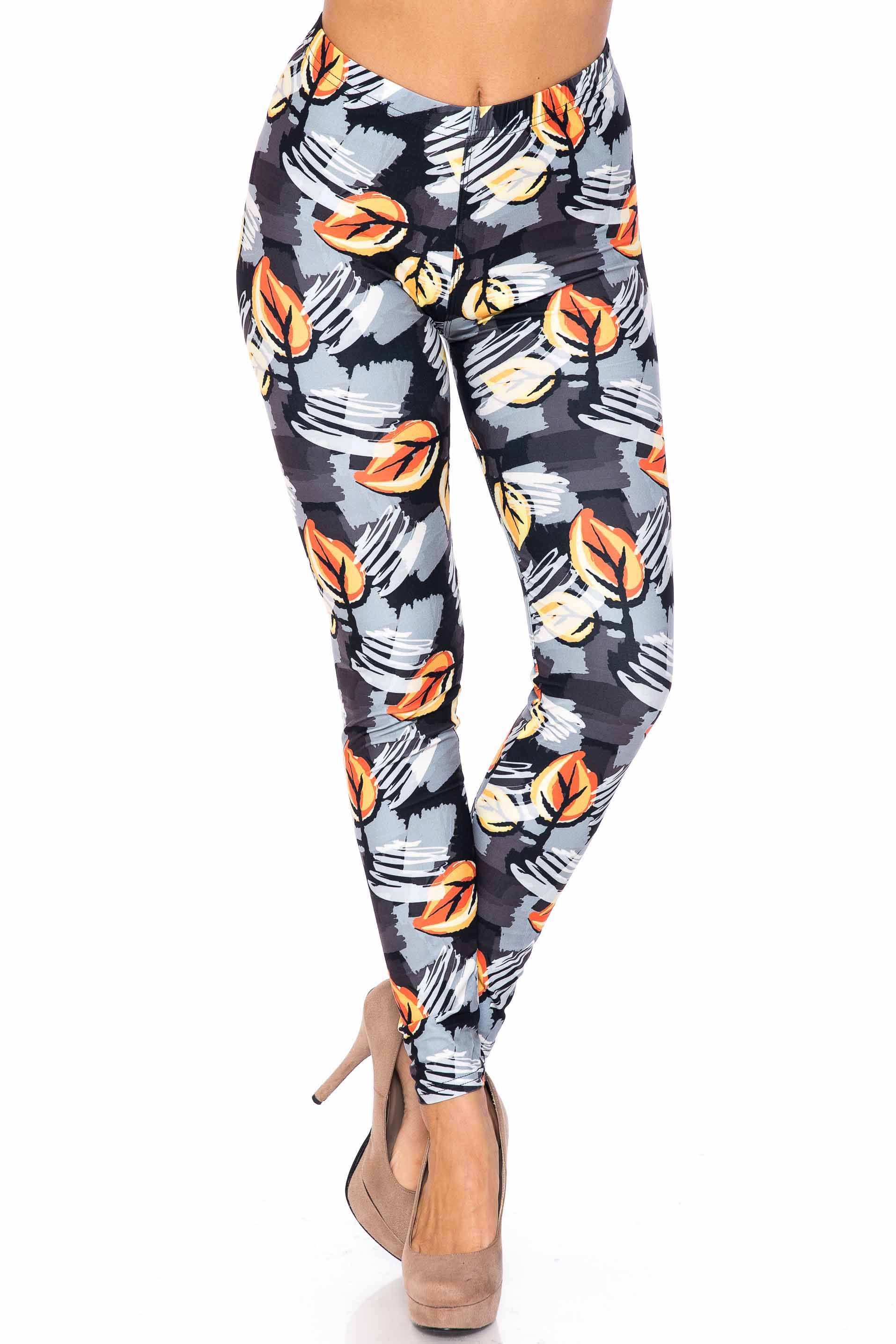 Creamy Soft Orange Leaf Breeze Extra Plus Size Leggings - 3X-5X - USA Fashion (XPlus One Size,Charcoal)