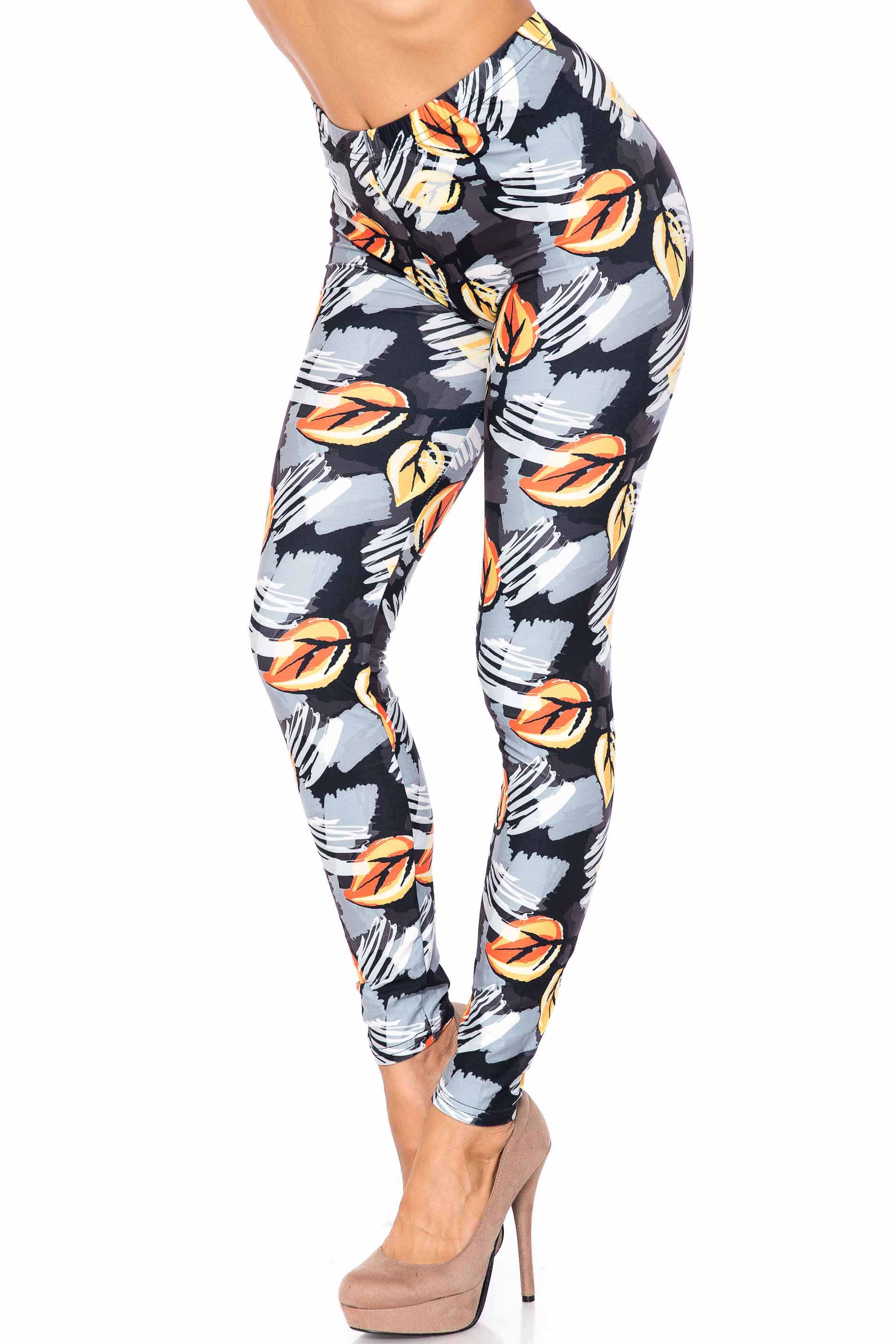 Creamy Soft Orange Leaf Breeze Extra Plus Size Leggings - 3X-5X - USA Fashion (XPlus One Size,Charcoal)