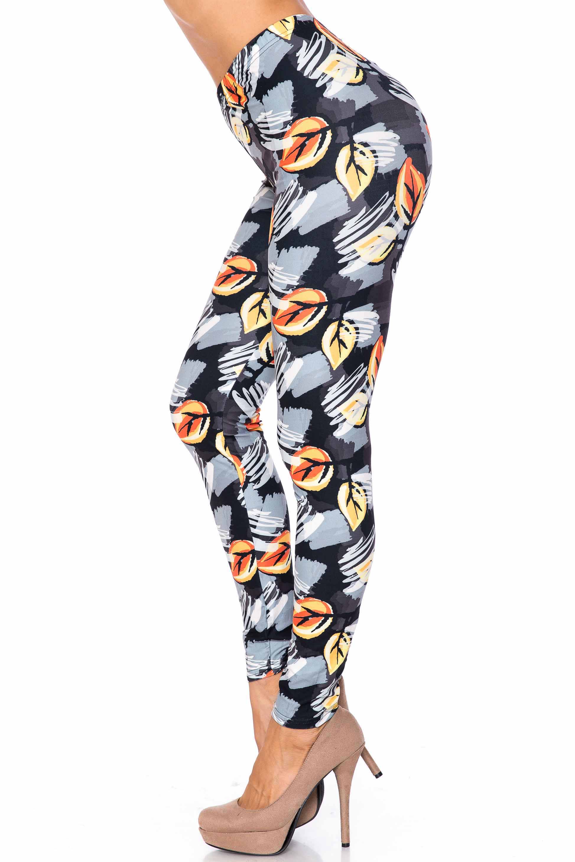 Creamy Soft Orange Leaf Breeze Extra Plus Size Leggings - 3X-5X - USA Fashion (XPlus One Size,Charcoal)