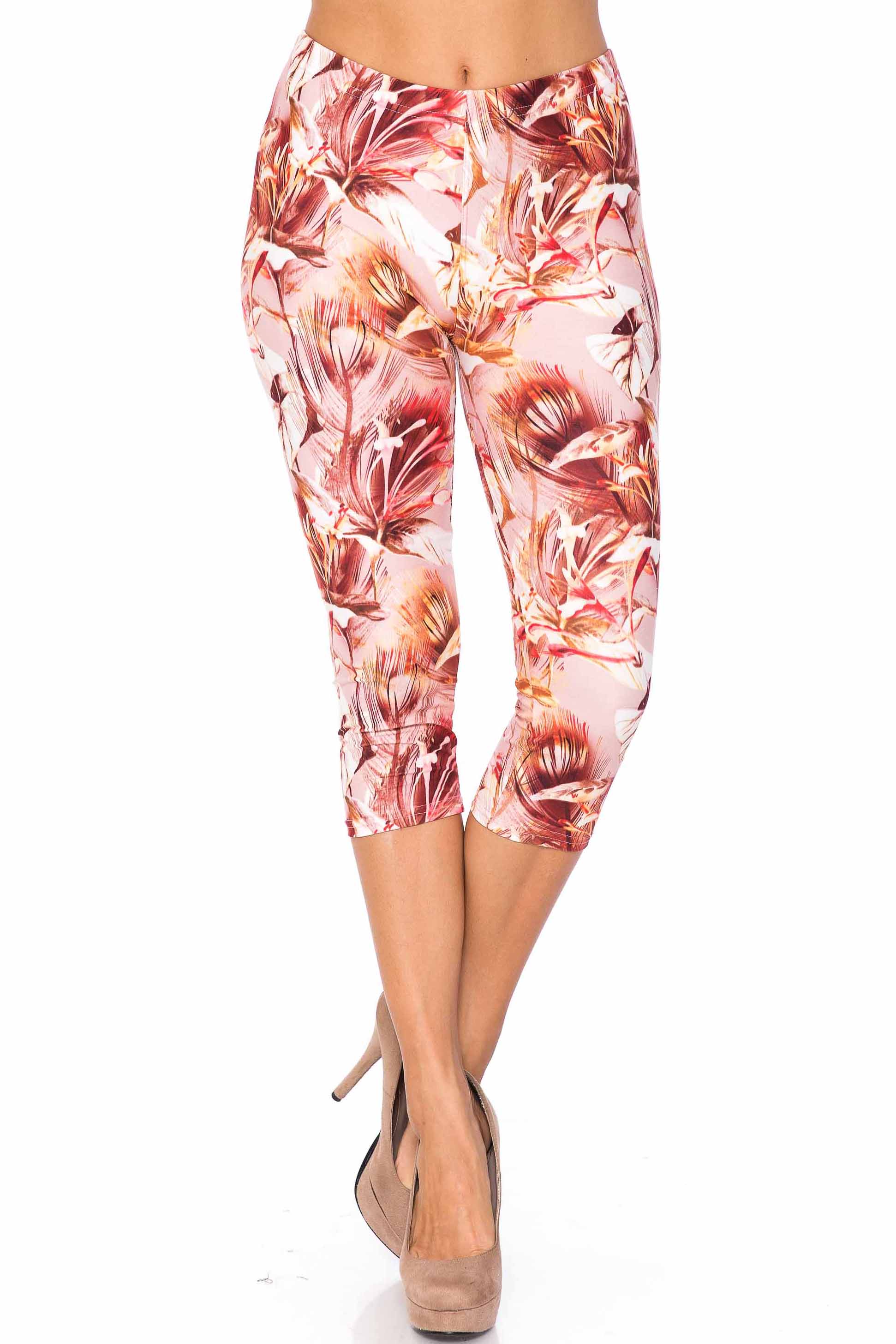 Creamy Soft Mocha Floral Extra Plus Size Capris - 3X-5X - USA Fashion (XPlus One Size,Brown)
