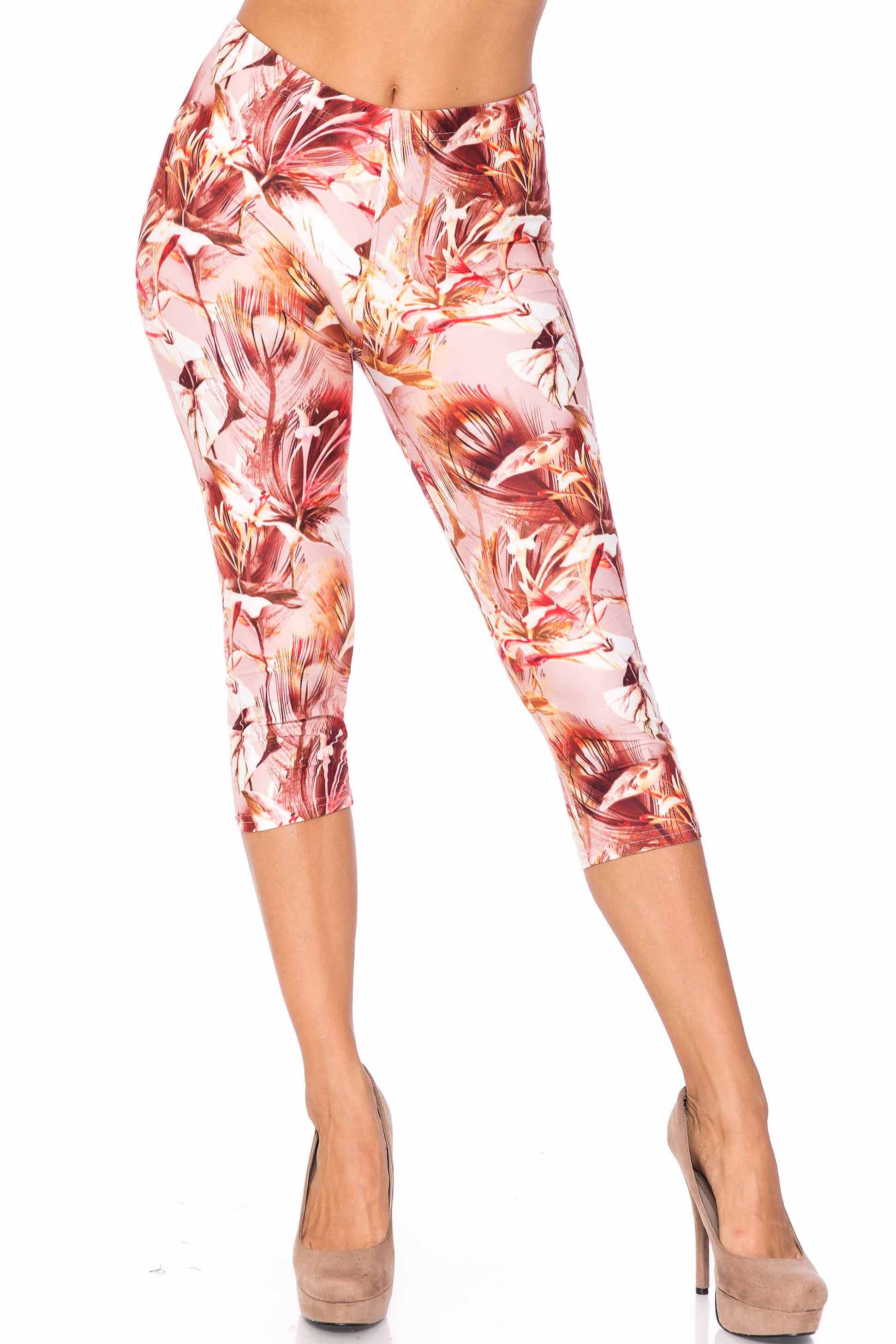 Creamy Soft Mocha Floral Extra Plus Size Capris - 3X-5X - USA Fashion (XPlus One Size,Brown)