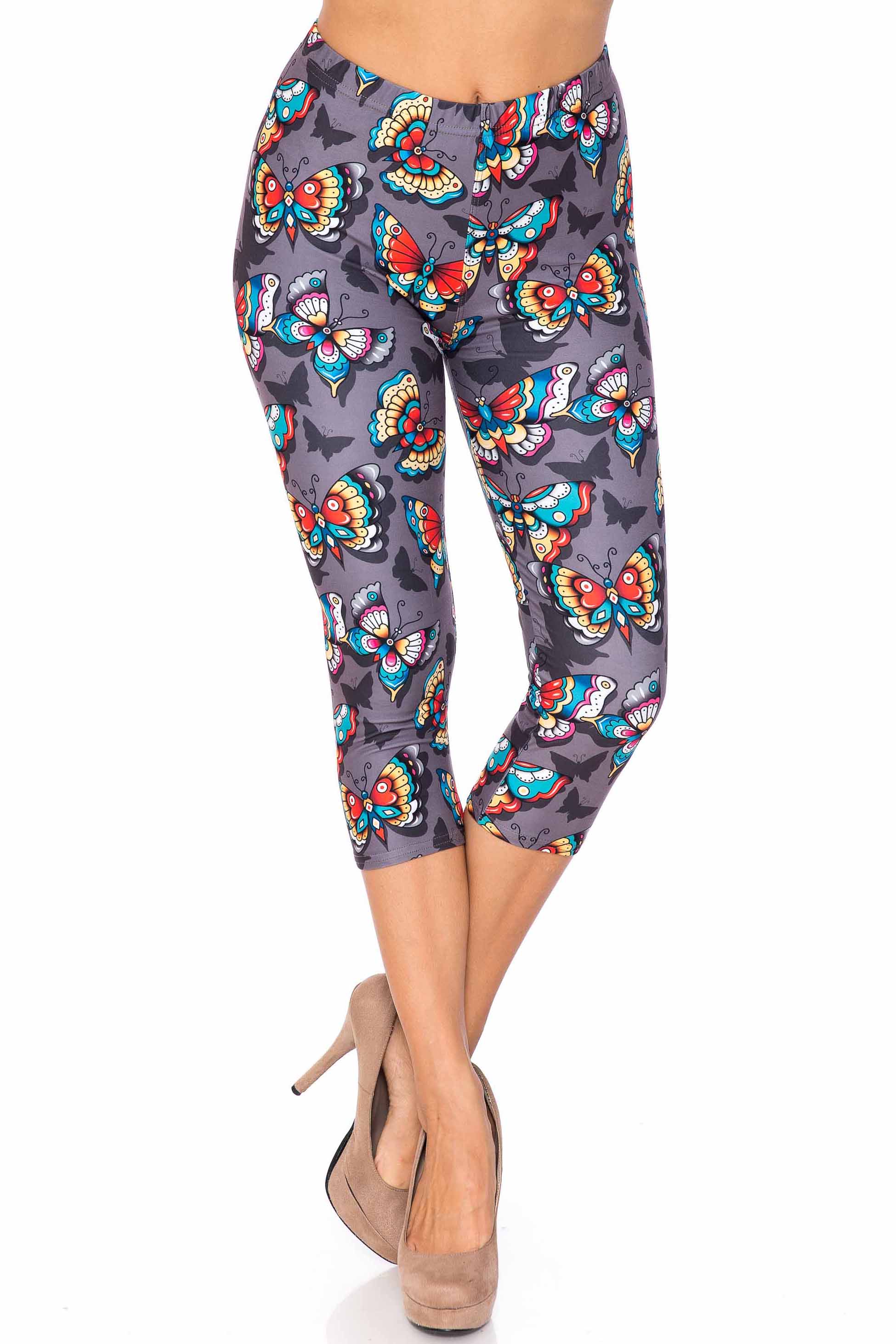 Creamy Soft Jewel Tone Butterfly Extra Plus Size Capris - 3X-5X - USA Fashion (XPlus One Size,Charcoal)