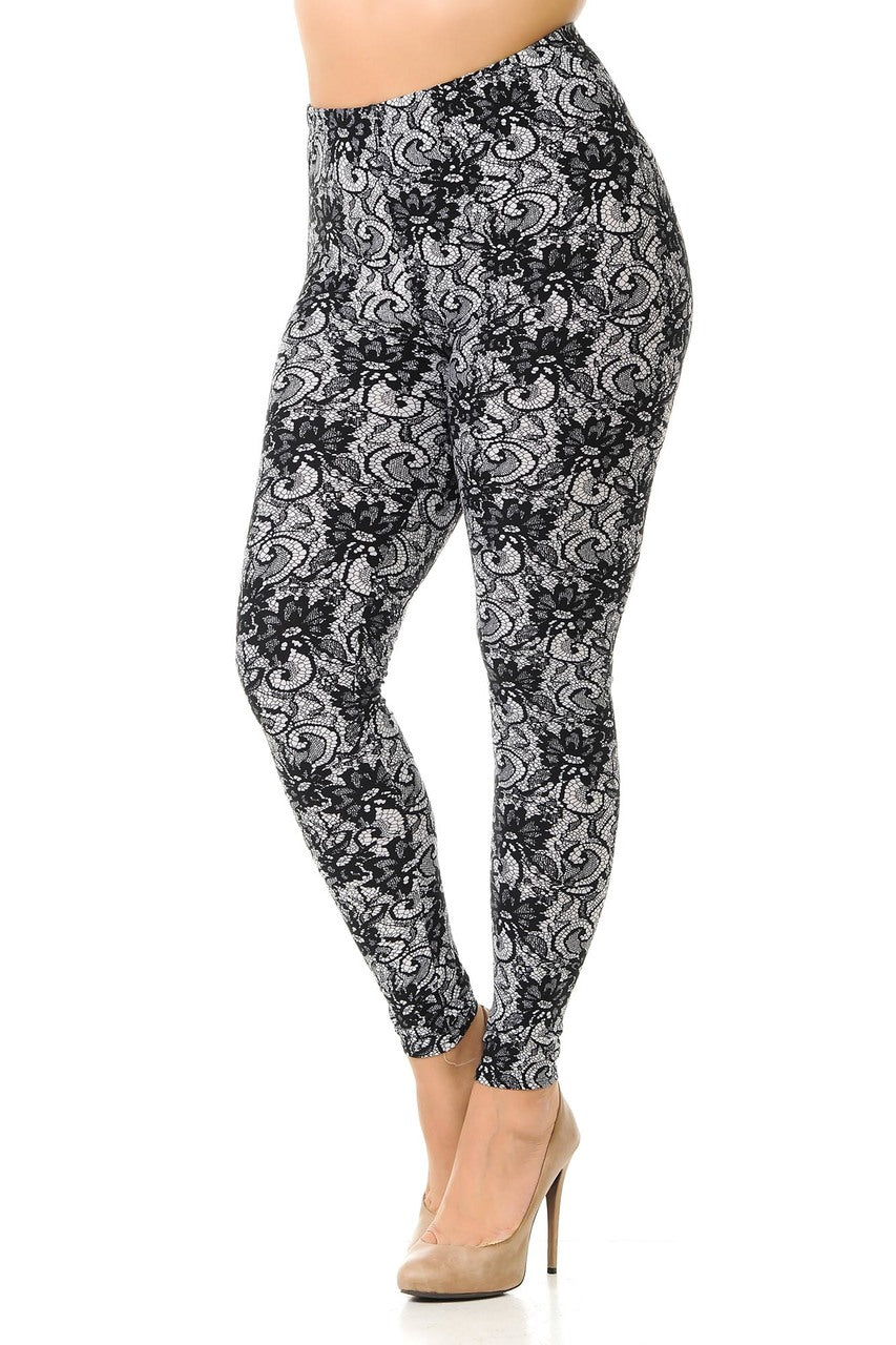 Buttery Soft Sassy Lace Print Extra Plus Size Leggings - 3X-5X (XPlus One Size,Charcoal)