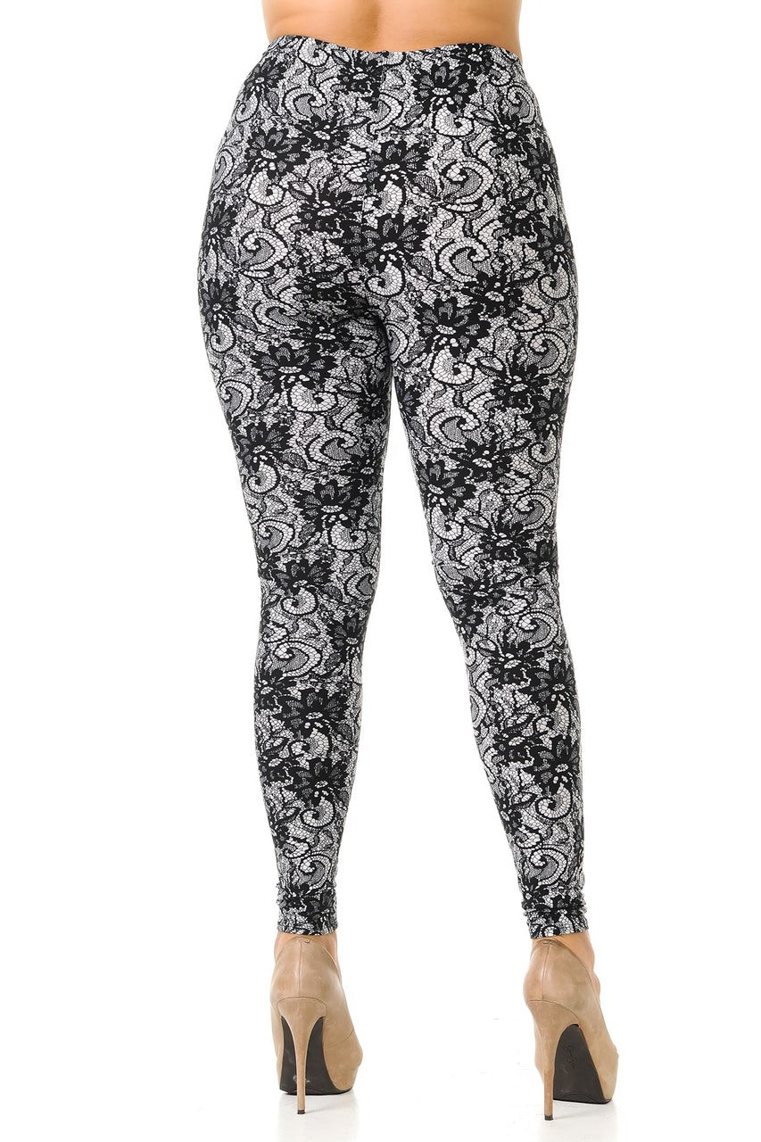 Buttery Soft Sassy Lace Print Extra Plus Size Leggings - 3X-5X (XPlus One Size,Charcoal)