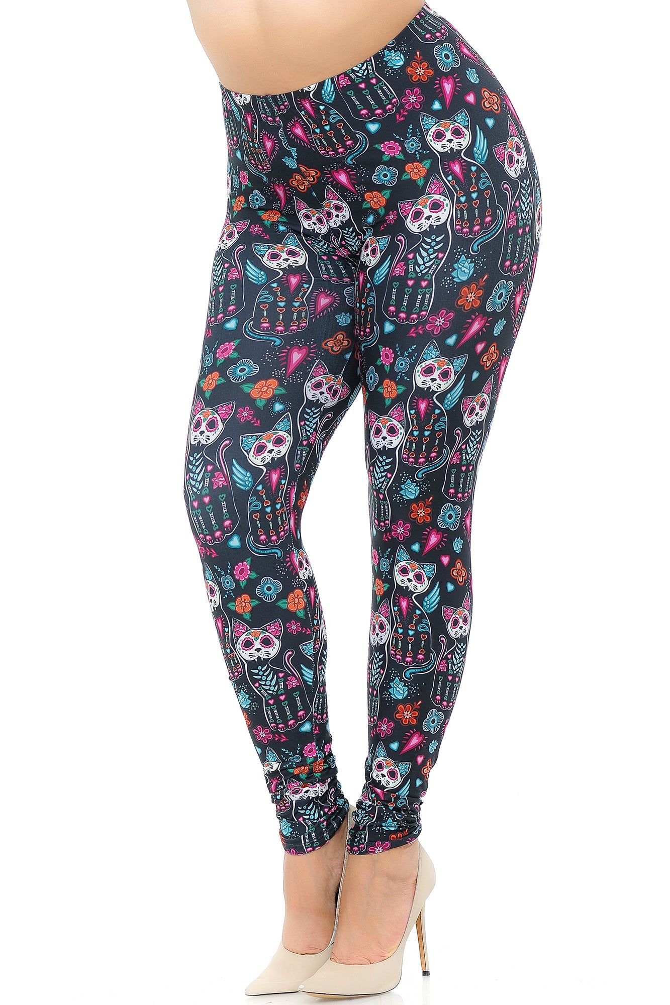 Creamy Soft Sugar Skull Kitty Cats Extra Plus Size Leggings - 3X-5X - USA Fashion (XPlus One Size,Multi Color Bold)