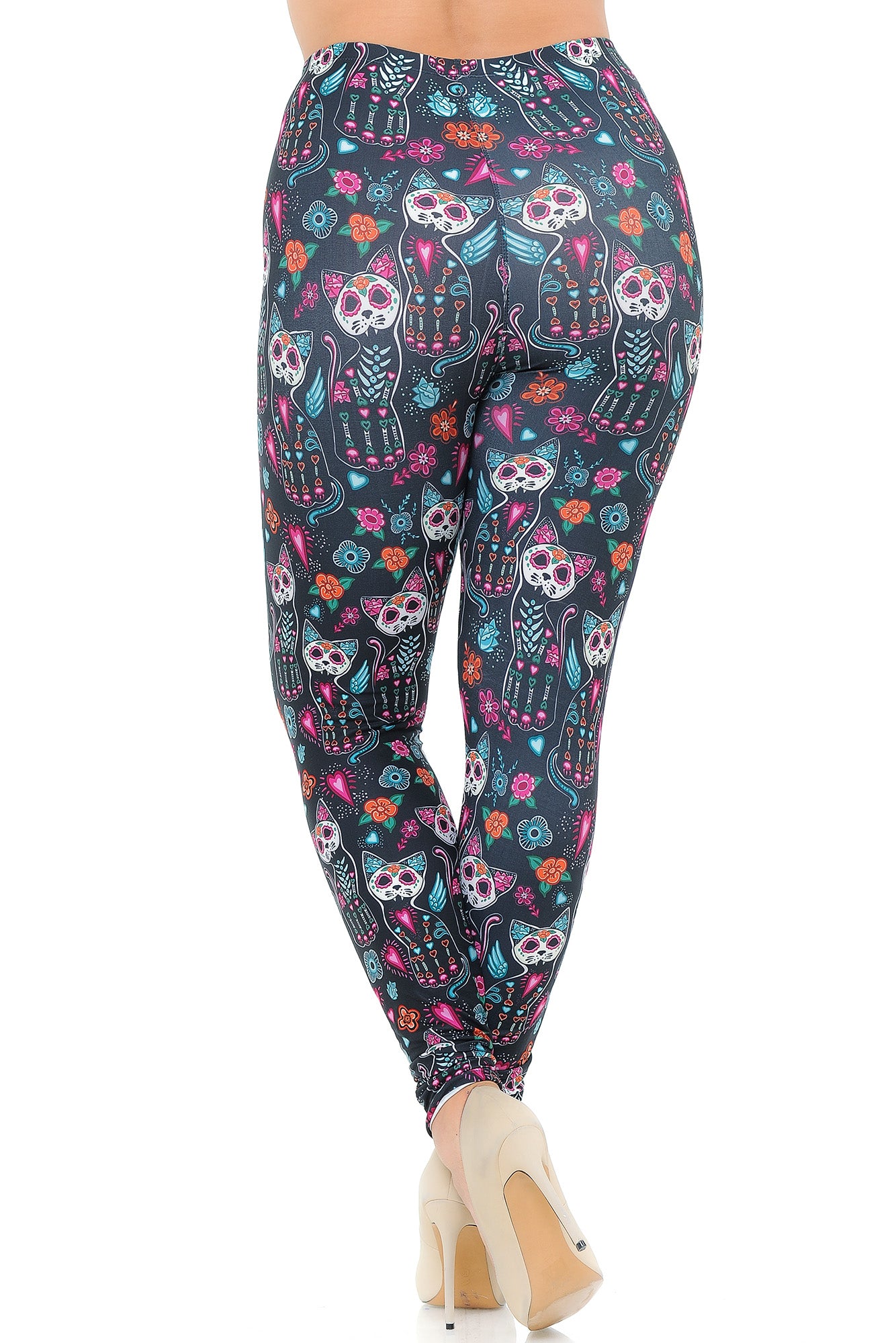 Creamy Soft Sugar Skull Kitty Cats Extra Plus Size Leggings - 3X-5X - USA Fashion (XPlus One Size,Multi Color Bold)
