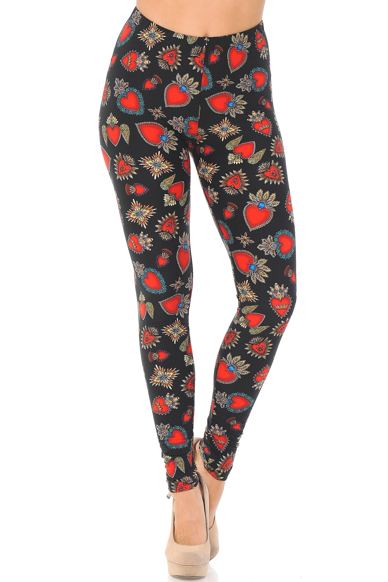 Buttery Soft Jeweled Hearts Extra Plus Size Leggings - 3X-5X (Red,XPlus One Size)