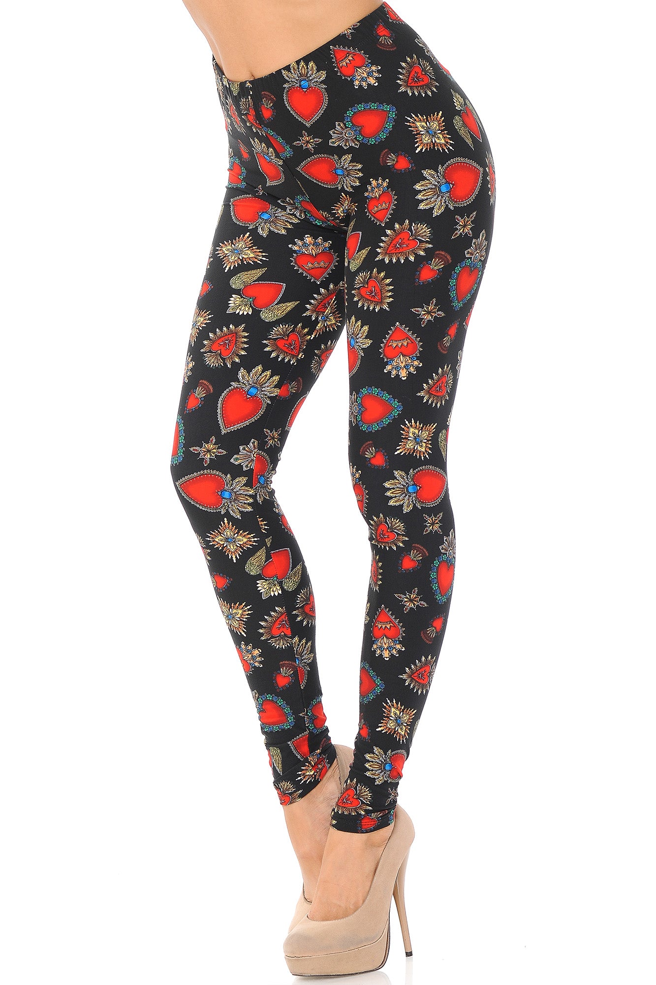 Buttery Soft Jeweled Hearts Extra Plus Size Leggings - 3X-5X (Red,XPlus One Size)