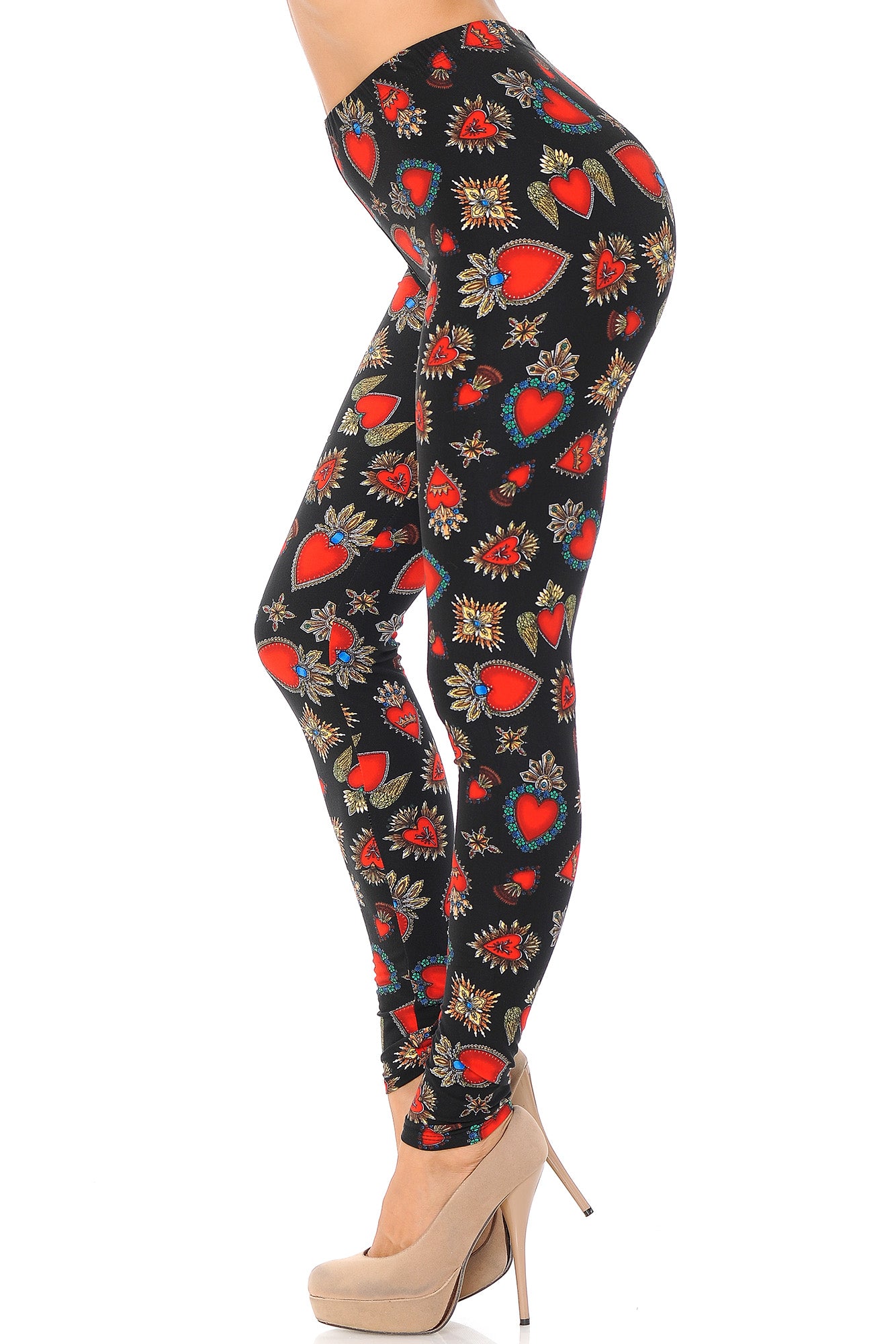 Buttery Soft Jeweled Hearts Extra Plus Size Leggings - 3X-5X (Red,XPlus One Size)