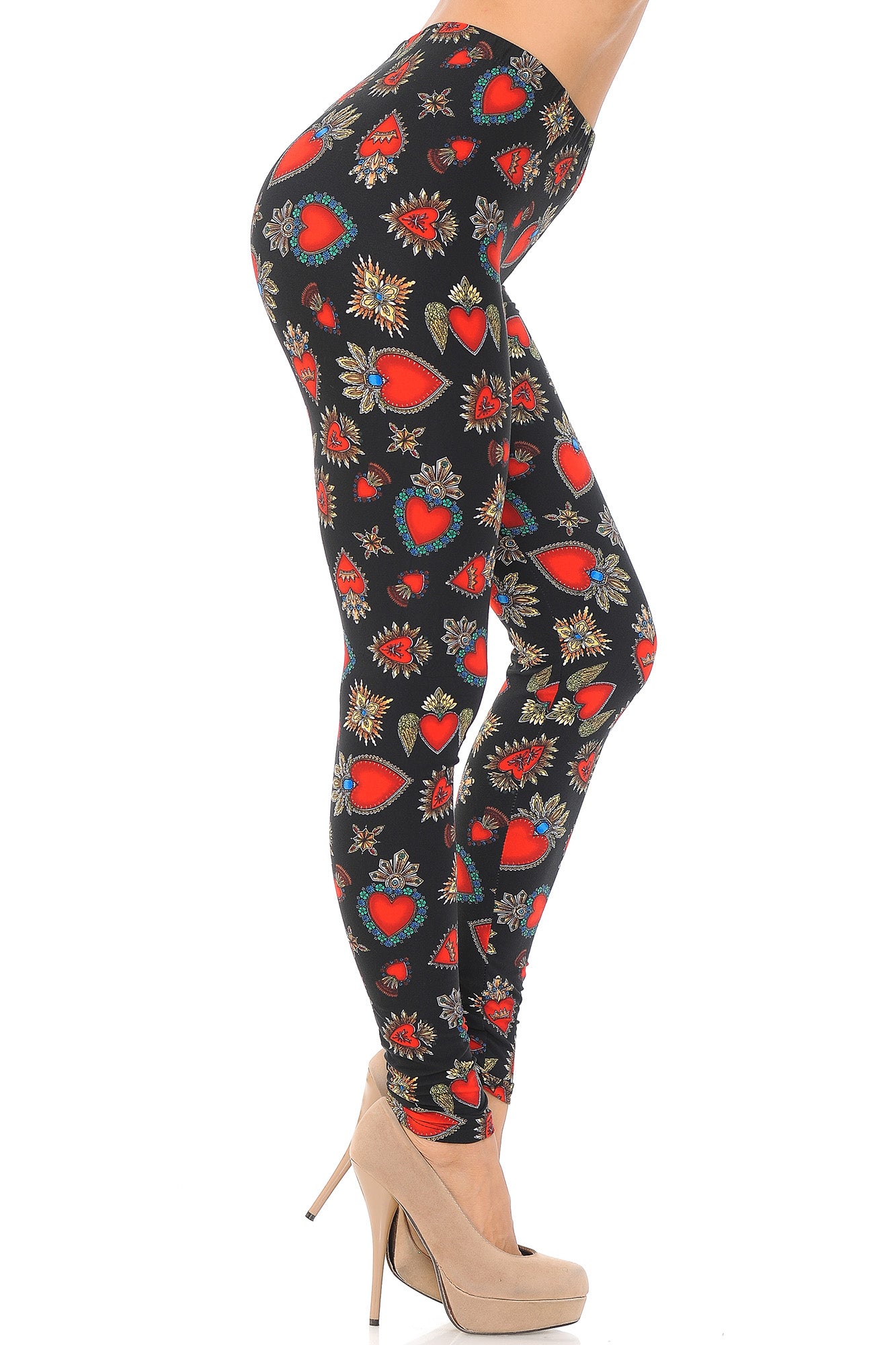 Buttery Soft Jeweled Hearts Extra Plus Size Leggings - 3X-5X (Red,XPlus One Size)