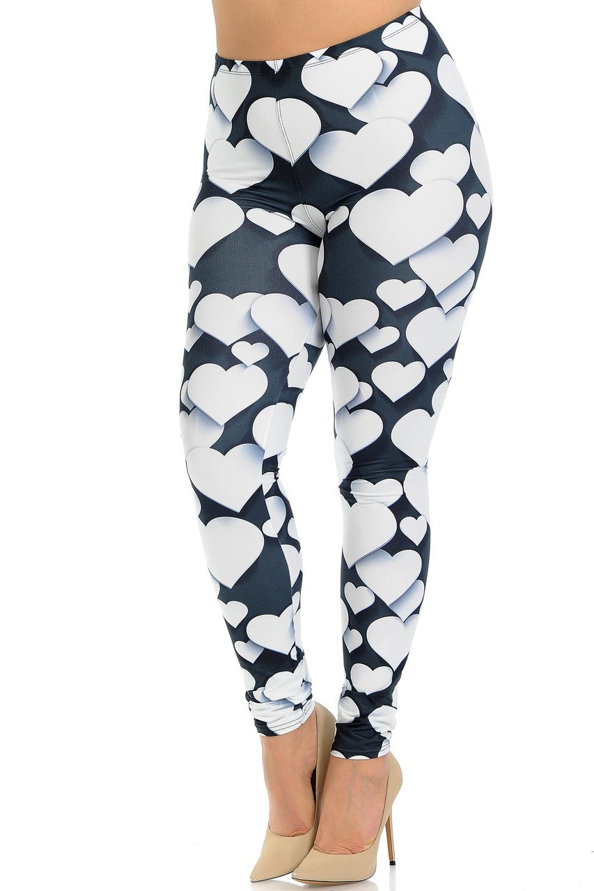 Creamy Soft 3D Hearts Extra Plus Size Leggings - 3X-5X (XPlus One Size,White)