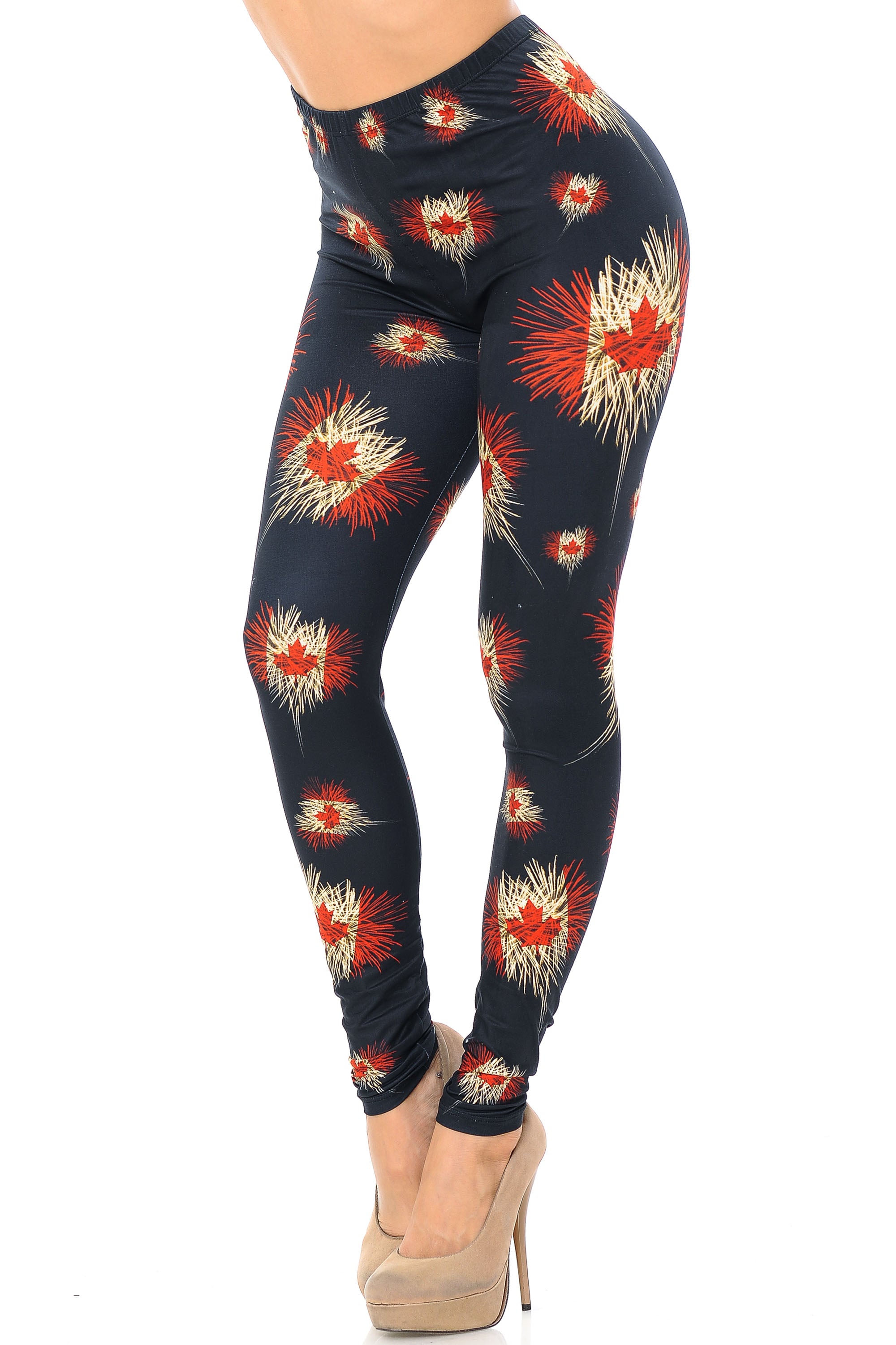 Creamy Soft Canadian Flag Fireworks Extra Plus Size Leggings - 3X-5X - USA Fashion (XPlus One Size,Black)