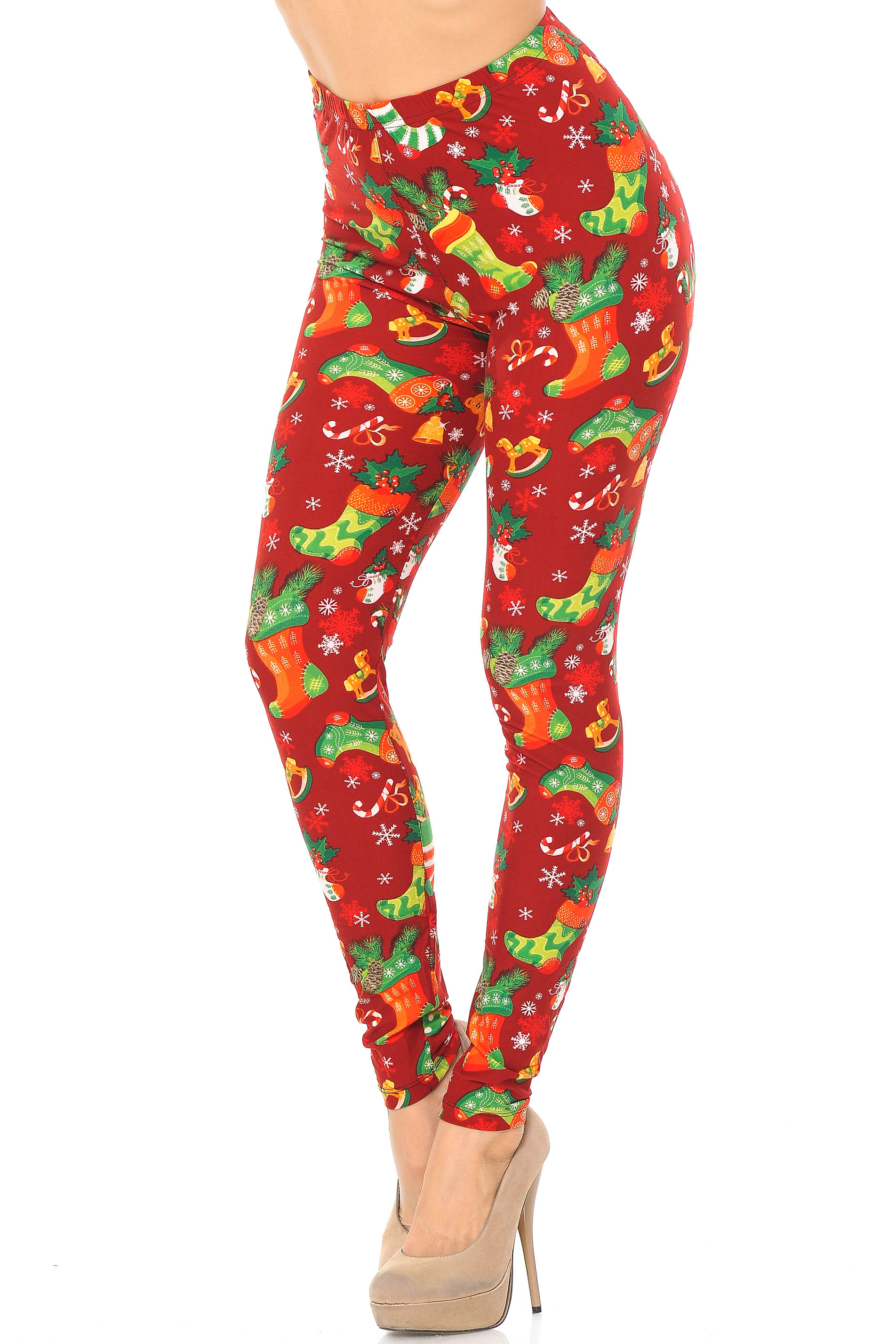 Buttery Soft Ruby Red Christmas Stocking Extra Plus Size Leggings - 3X-5X (Red,XPlus One Size)