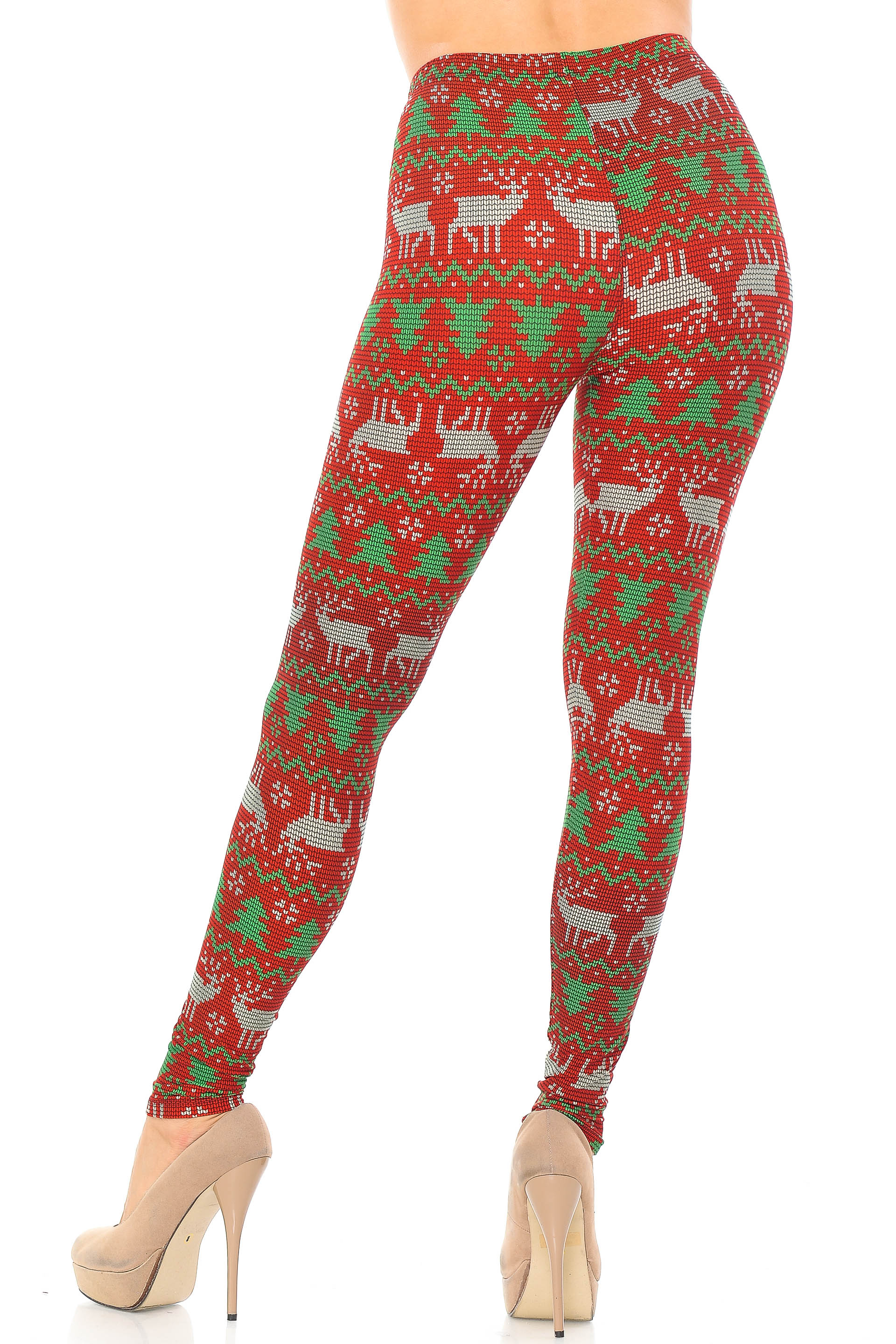 Buttery Soft Faux Knit Reindeer and Holiday Tree Extra Plus Size Leggings - 3X-5X (XPlus One Size,Burgundy)