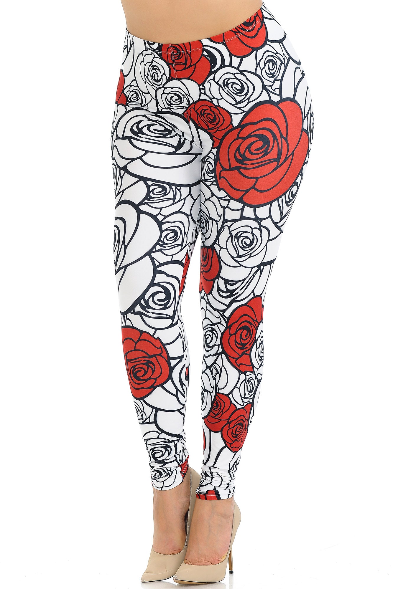 Creamy Soft Red Stencil Roses Extra Plus Size Leggings - 3X-5X - USA Fashion (XPlus One Size,White)