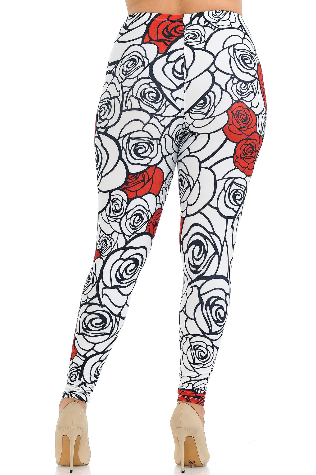 Creamy Soft Red Stencil Roses Extra Plus Size Leggings - 3X-5X - USA Fashion (XPlus One Size,White)