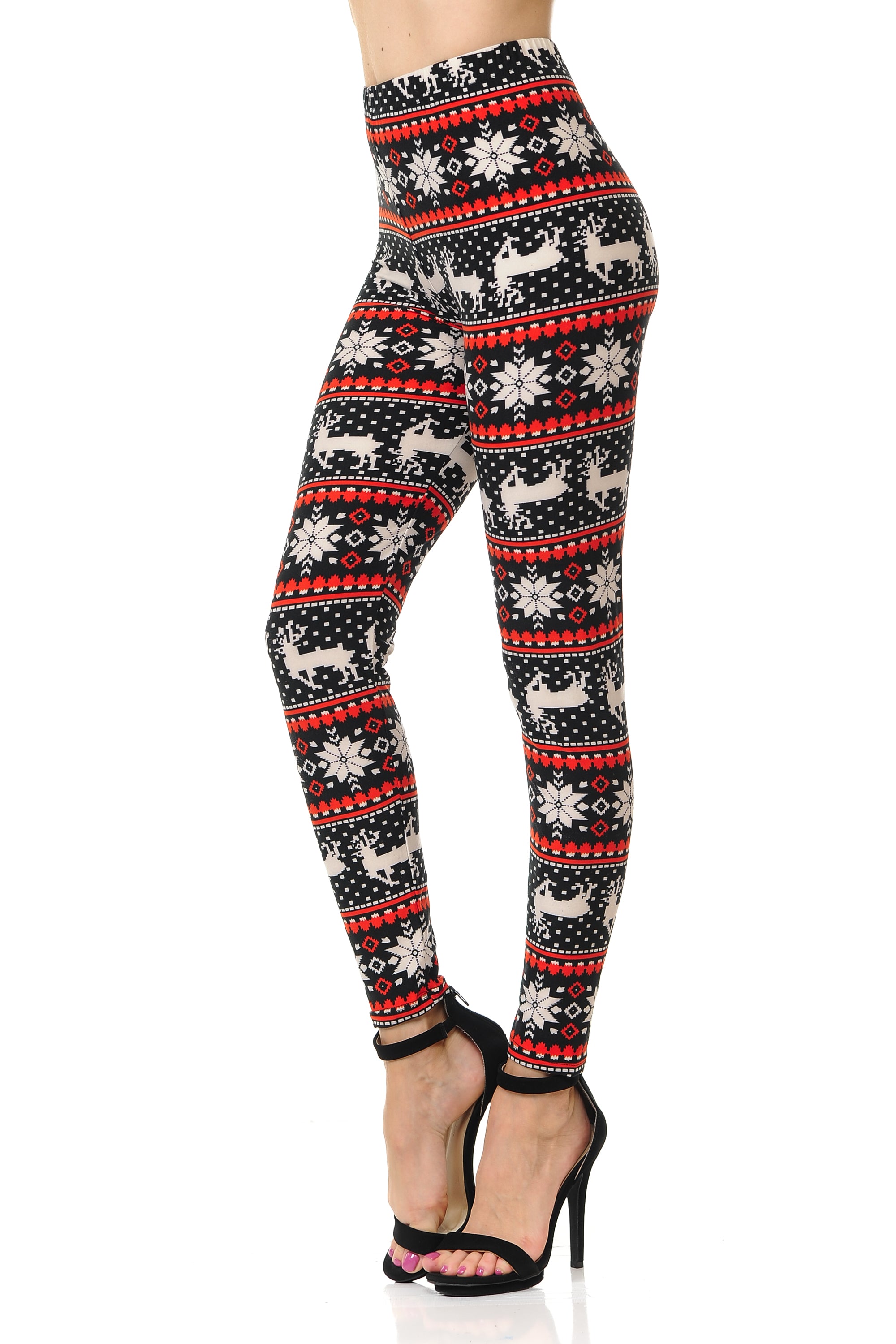 Buttery Soft Snowflakes and Reindeer Christmas Extra Plus Size Leggings - 3X-5X (Red,XPlus One Size)