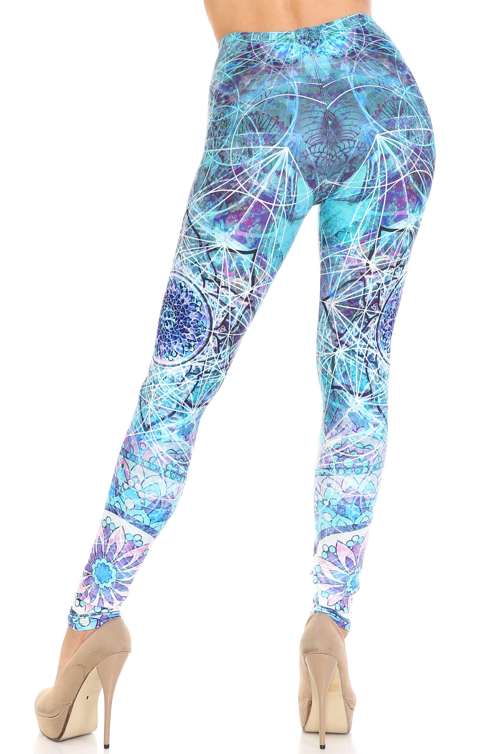 Creamy Soft Cyan Mandala Extra Plus Size Leggings - 3X-5X - USA Fashion (XPlus One Size,Blue)
