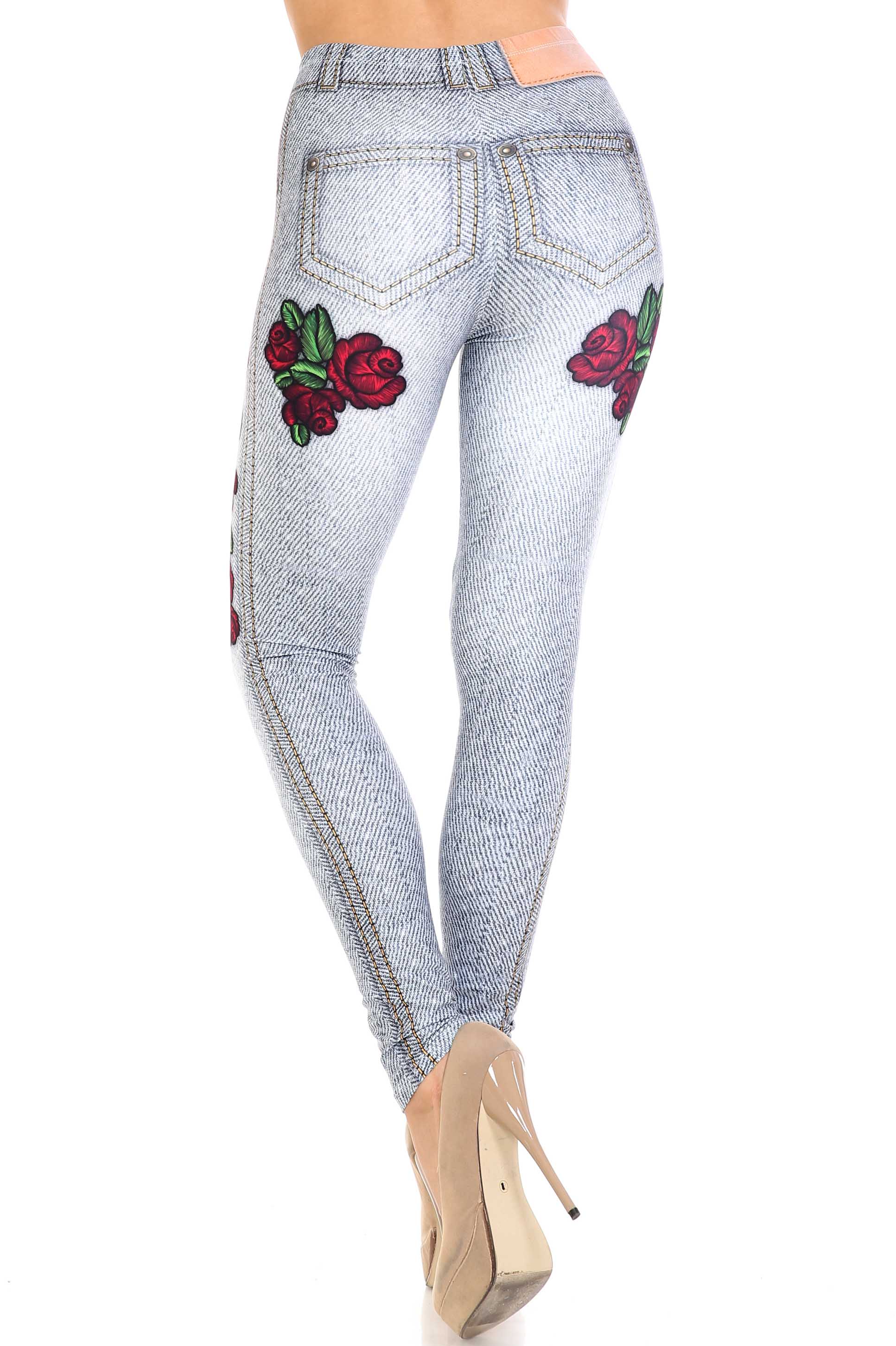 Creamy Soft Light Blue Denim Rose Extra Plus Size Leggings - 3X-5X - By USA Fashion (XPlus One Size,Blue)