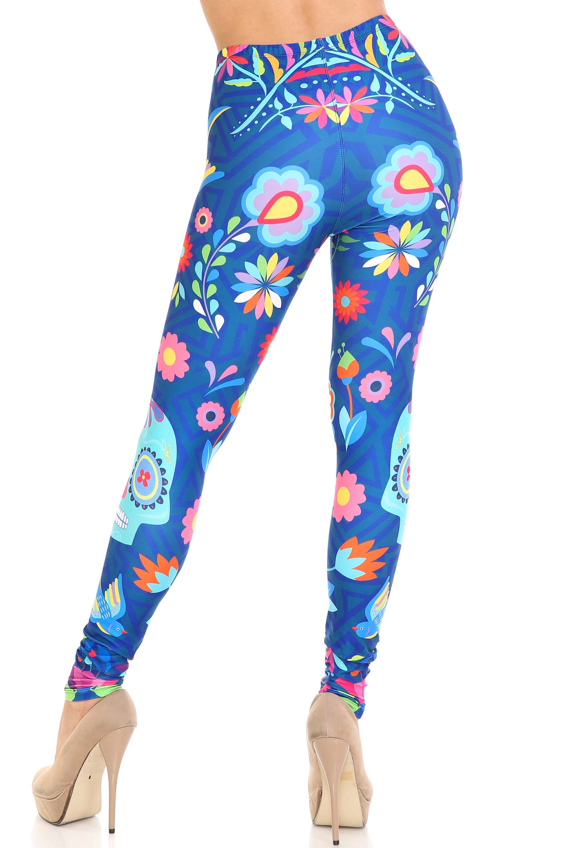 Creamy Soft Garden of Eden Sugar Skull Extra Plus Size Leggings - 3X-5X - USA Fashion (XPlus One Size,Blue)