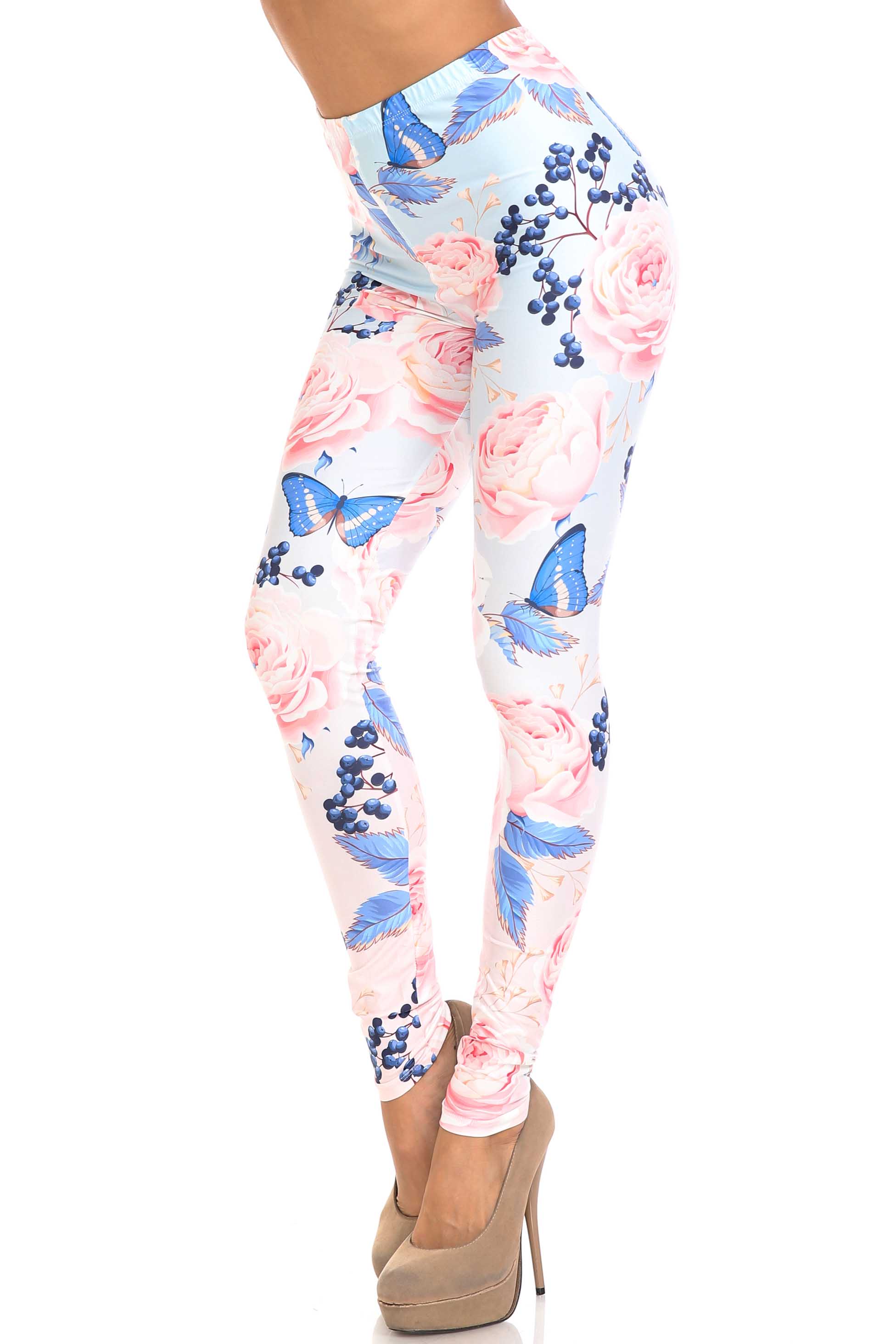 Creamy Soft Butterflies and Jumbo Pink Roses Extra Plus Size Leggings - 3X-5X - USA Fashion (Pink,XPlus One Size)