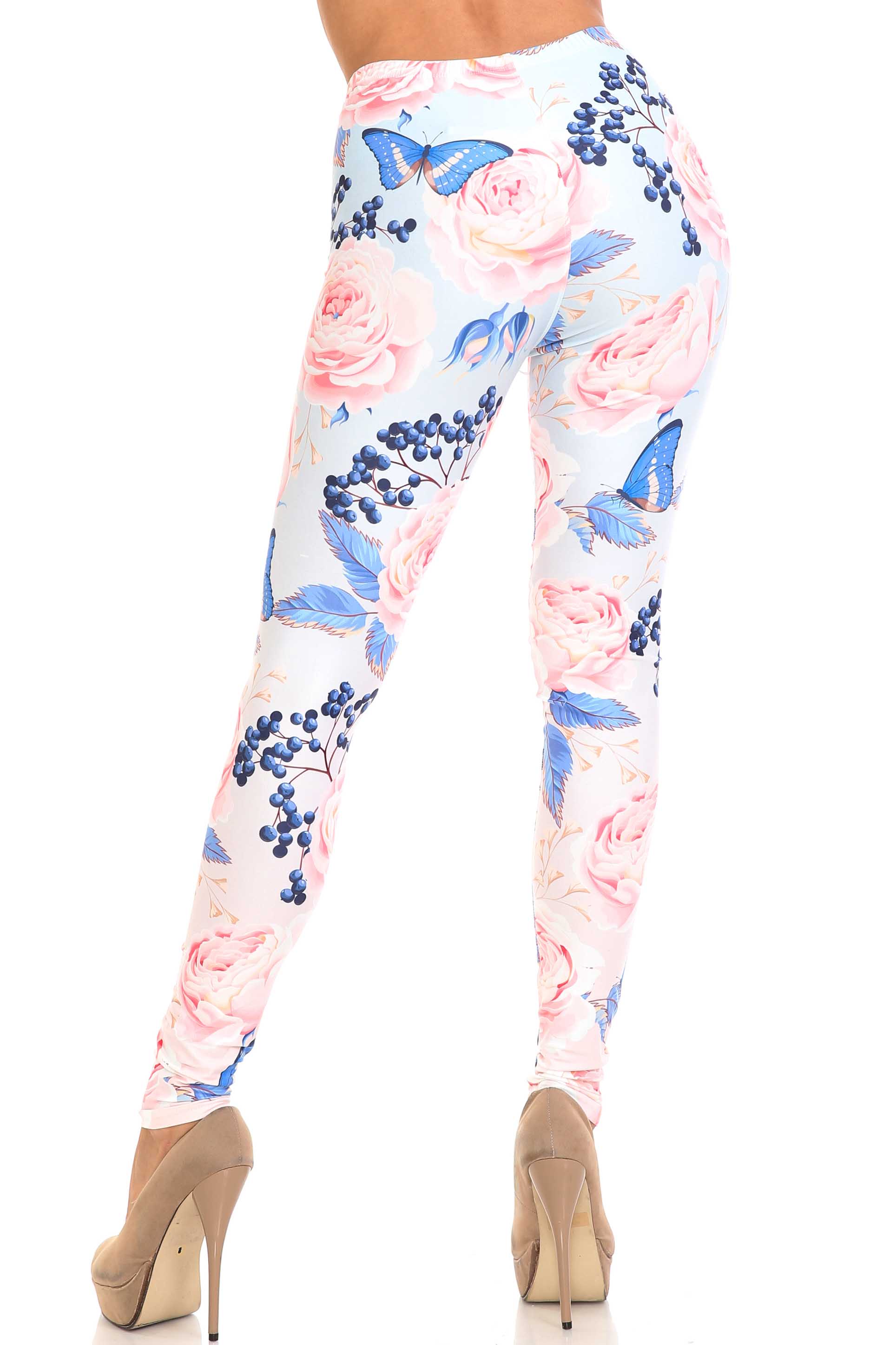 Creamy Soft Butterflies and Jumbo Pink Roses Extra Plus Size Leggings - 3X-5X - USA Fashion (Pink,XPlus One Size)